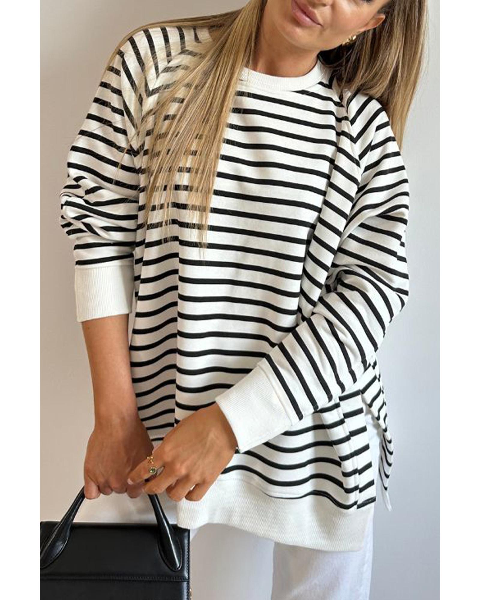 Black Stripe Raglan Sleeve Side Slits Loose Sweatshirt - XL 5
