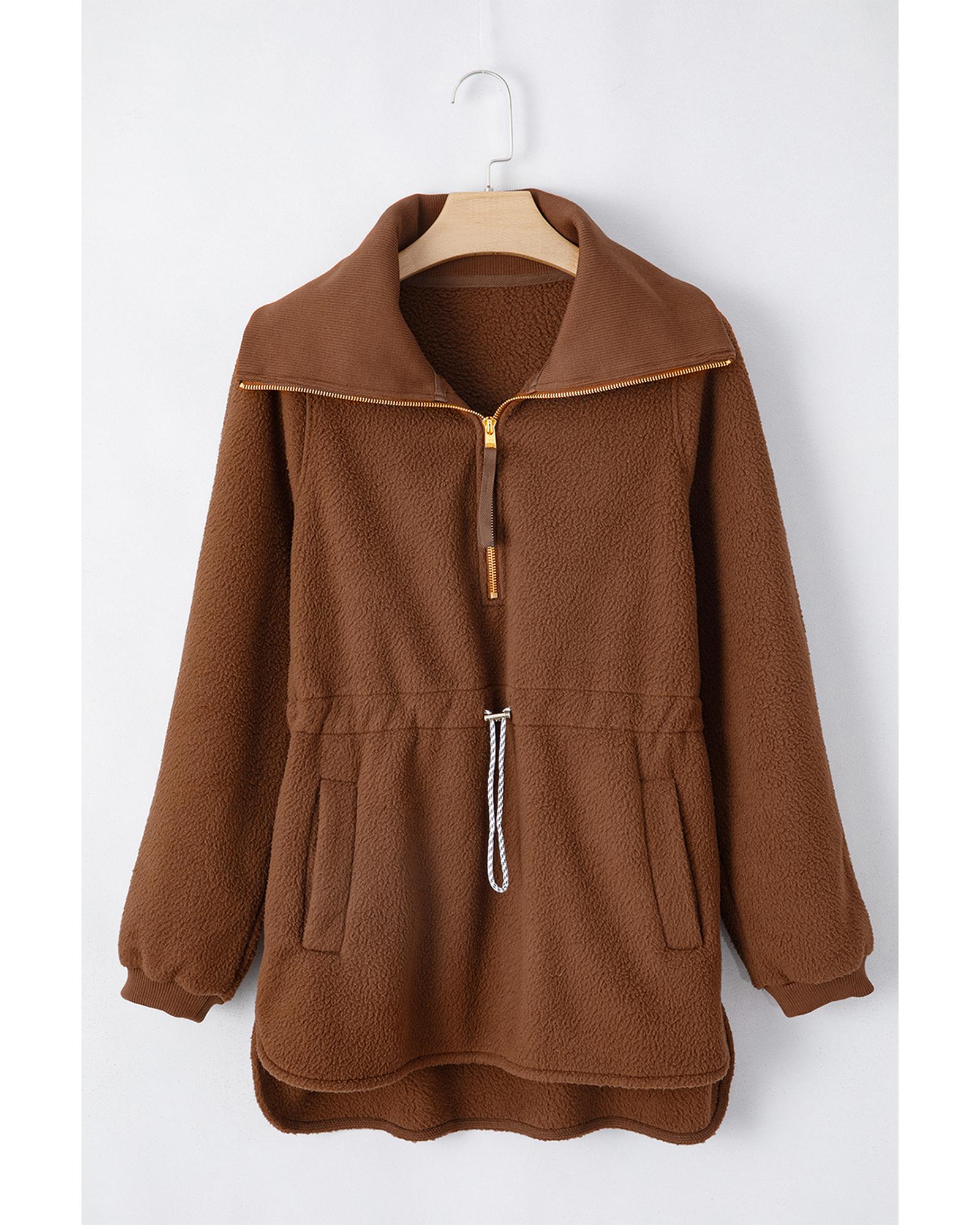 Brown Half Zip Fleece Pullover Sweatshirt - M