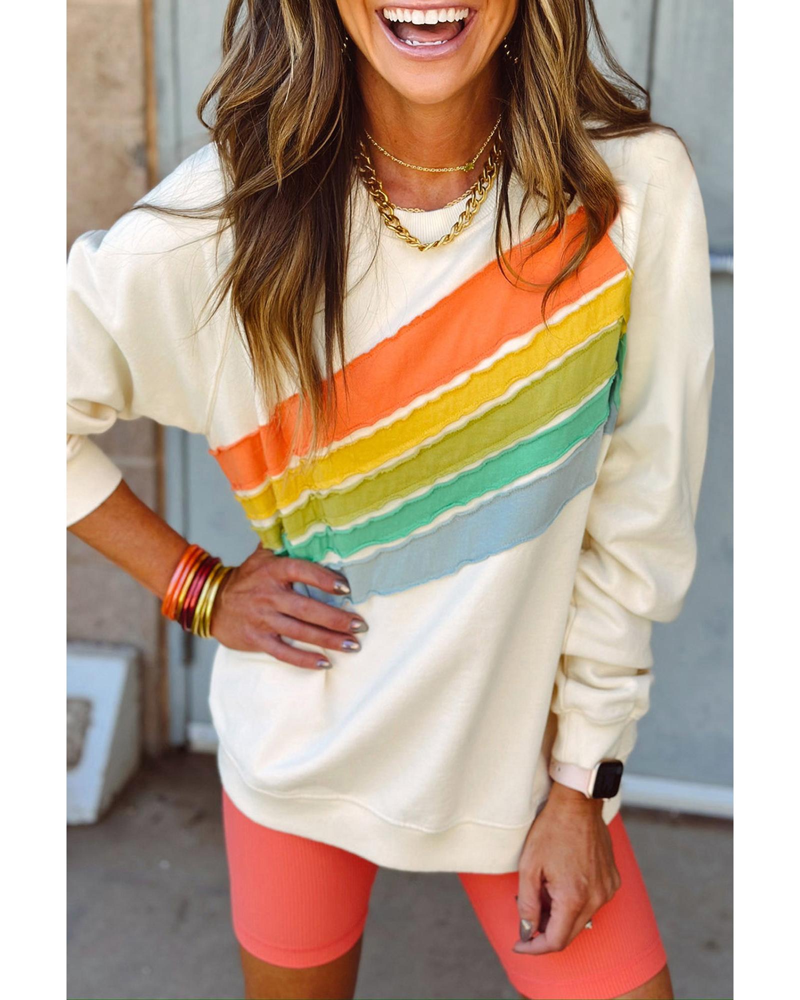 Apricot Rainbow Colorblock Striped Pullover Sweatshirt - L