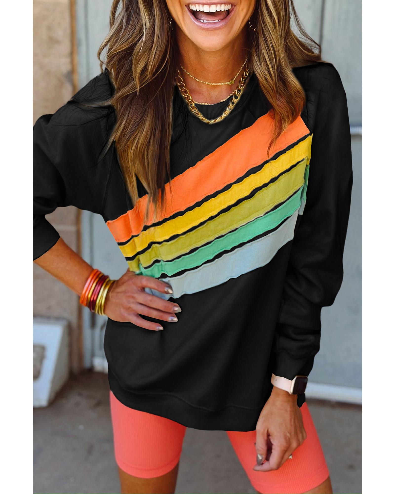 Black Rainbow Colorblock Striped Pullover Sweatshirt - S 3