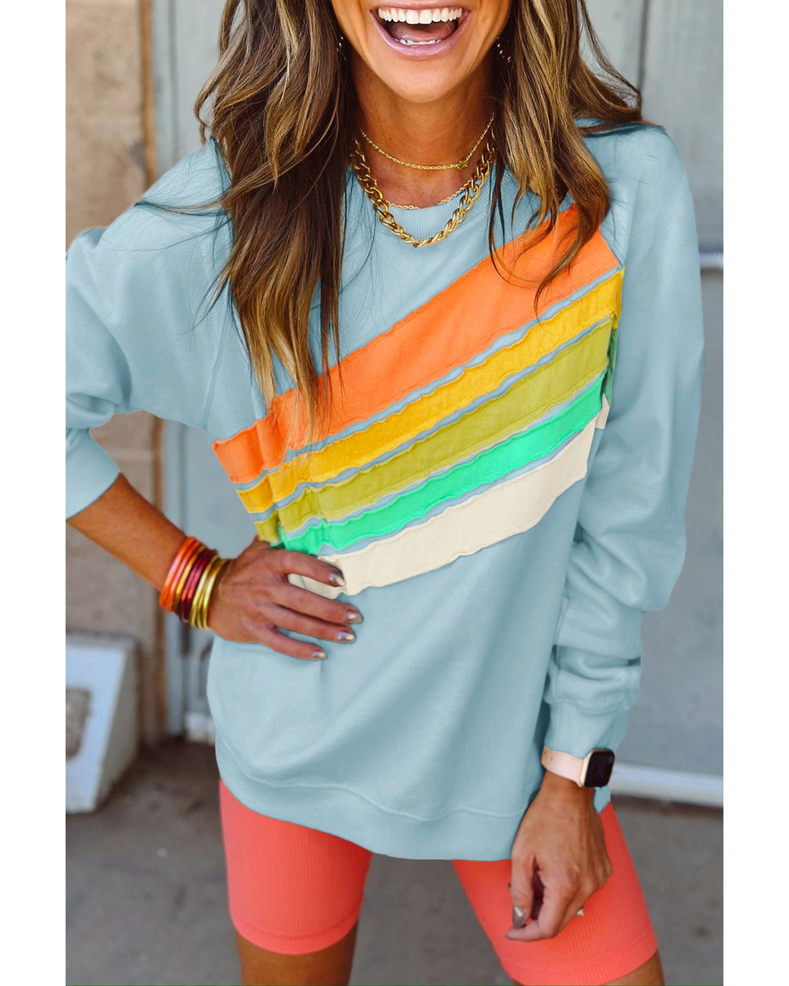 Beau Blue Rainbow Colorblock Striped Pullover Sweatshirt - L 4