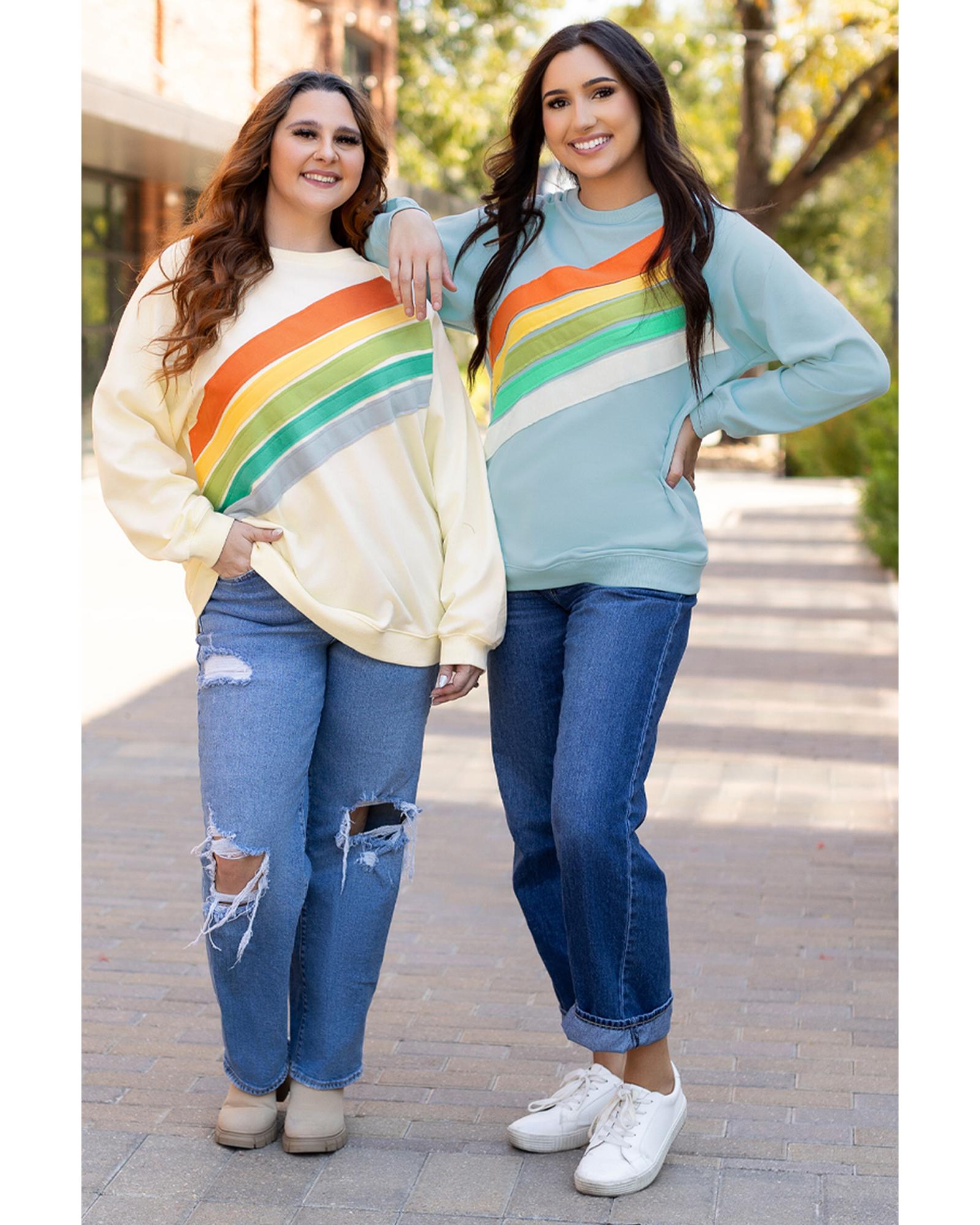 Beau Blue Rainbow Colorblock Striped Pullover Sweatshirt - L 7