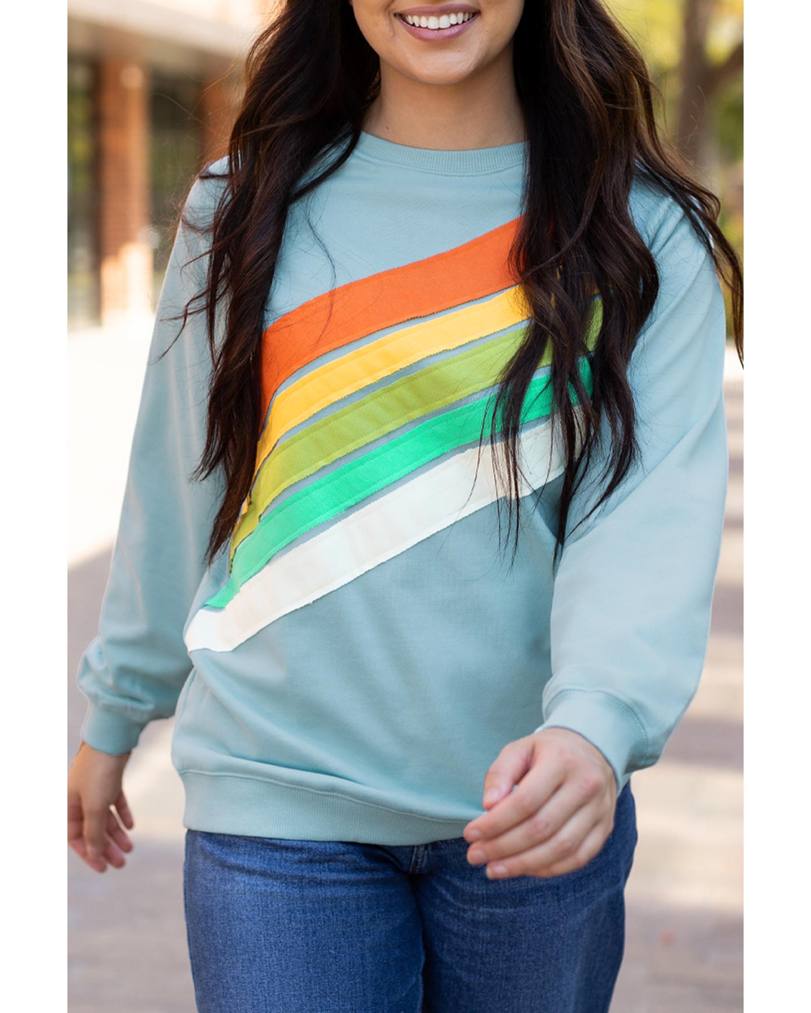 Beau Blue Rainbow Colorblock Striped Pullover Sweatshirt - S 5