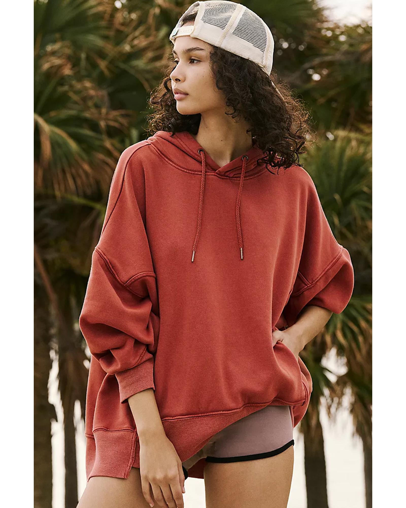 Red Clay Drop Shoulder Pocketed Baggy Drawstring Hoodie - L 6