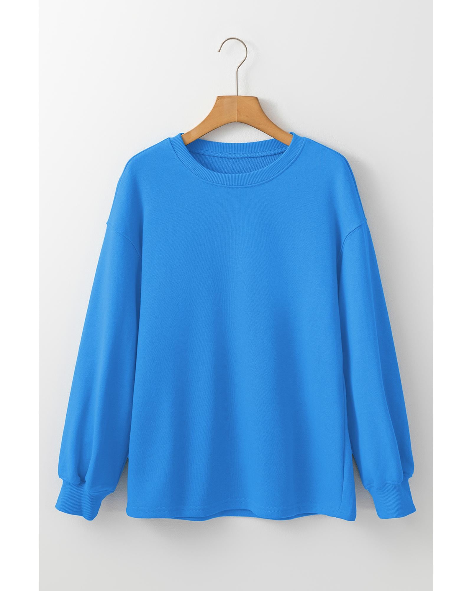 Sky Blue Solid Color Drop Shoulder Long Sleeve Basic Sweatshirt - L 7