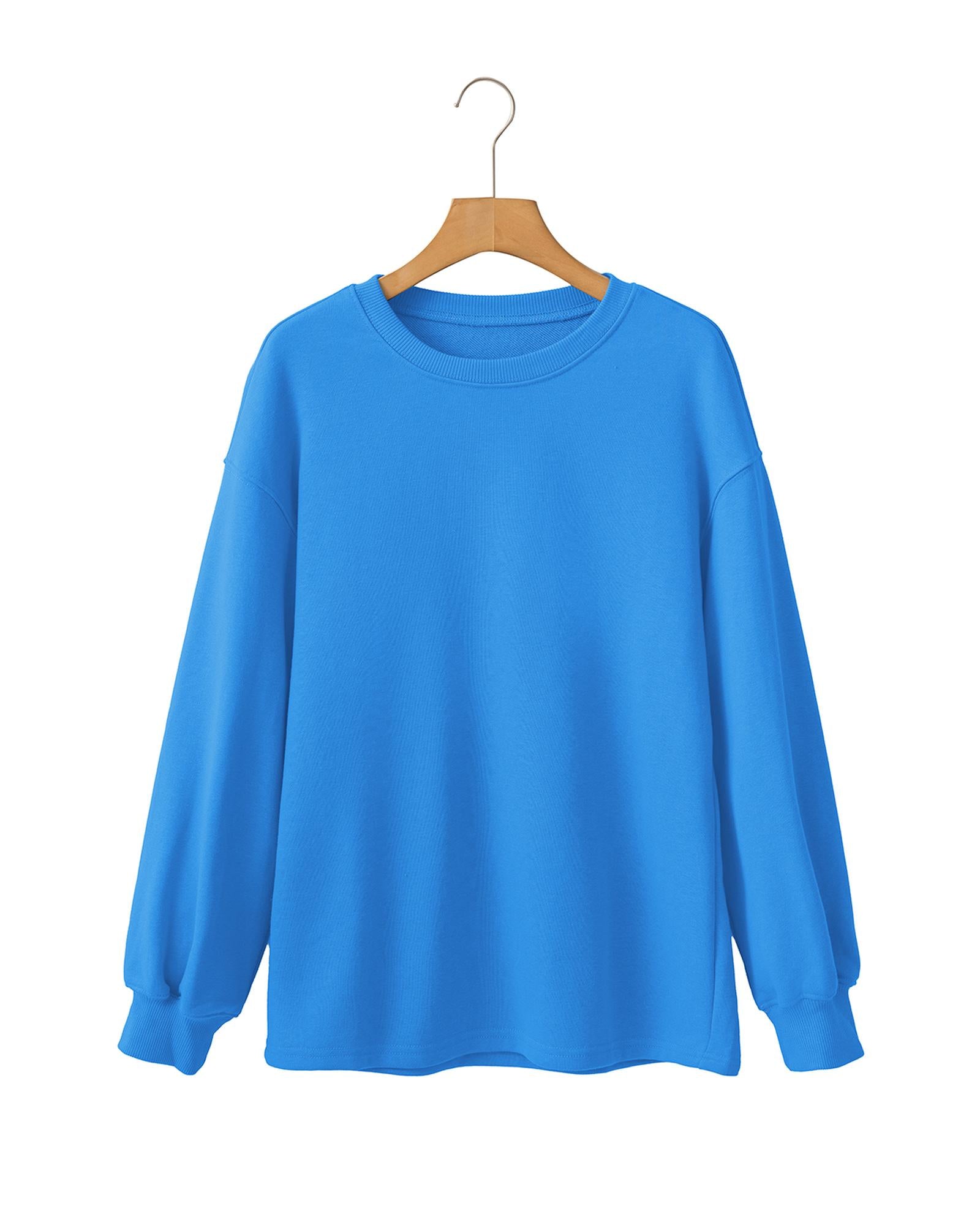Sky Blue Solid Color Drop Shoulder Long Sleeve Basic Sweatshirt - M 4
