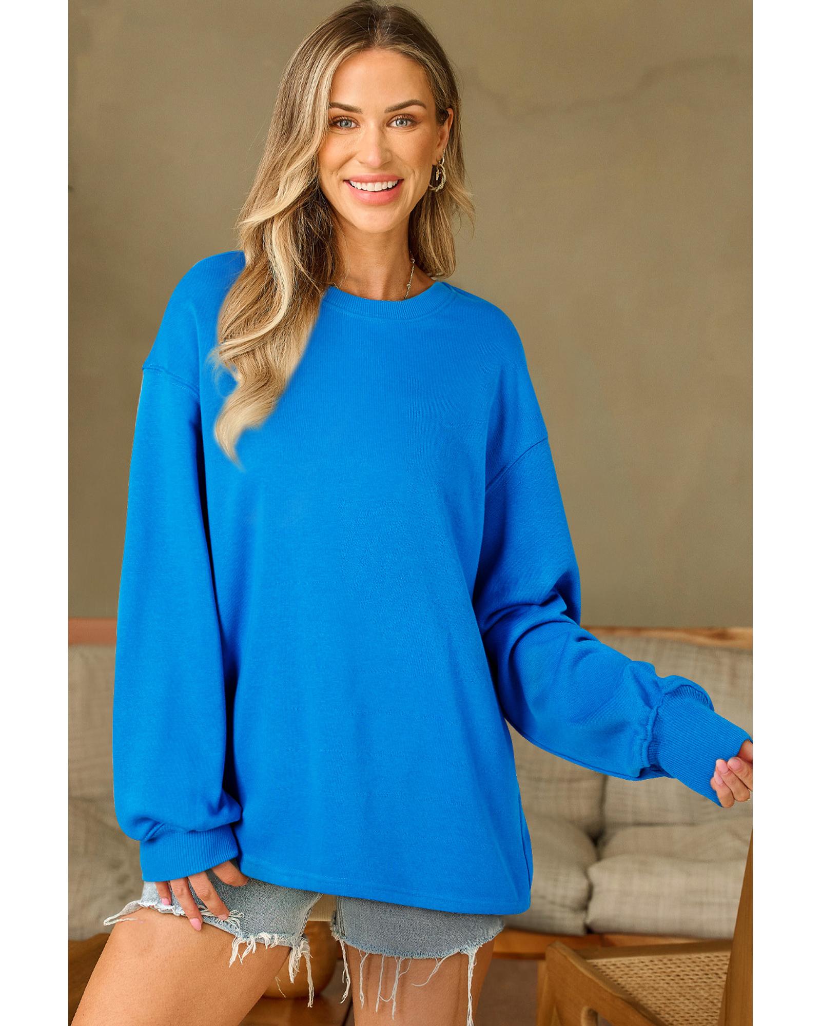Sky Blue Solid Color Drop Shoulder Long Sleeve Basic Sweatshirt - M 5
