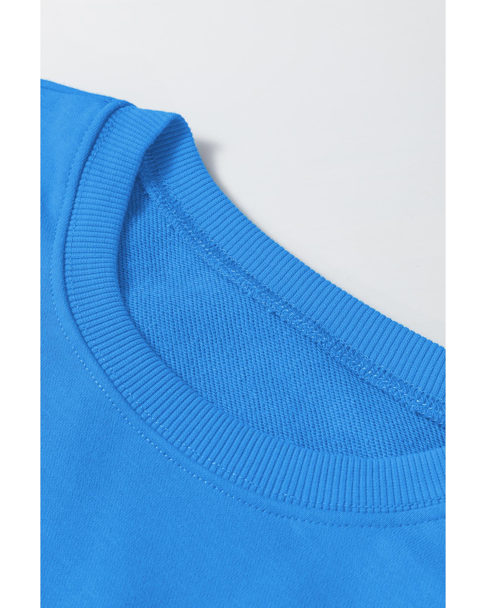 Sky Blue Solid Color Drop Shoulder Long Sleeve Basic Sweatshirt - XL 6