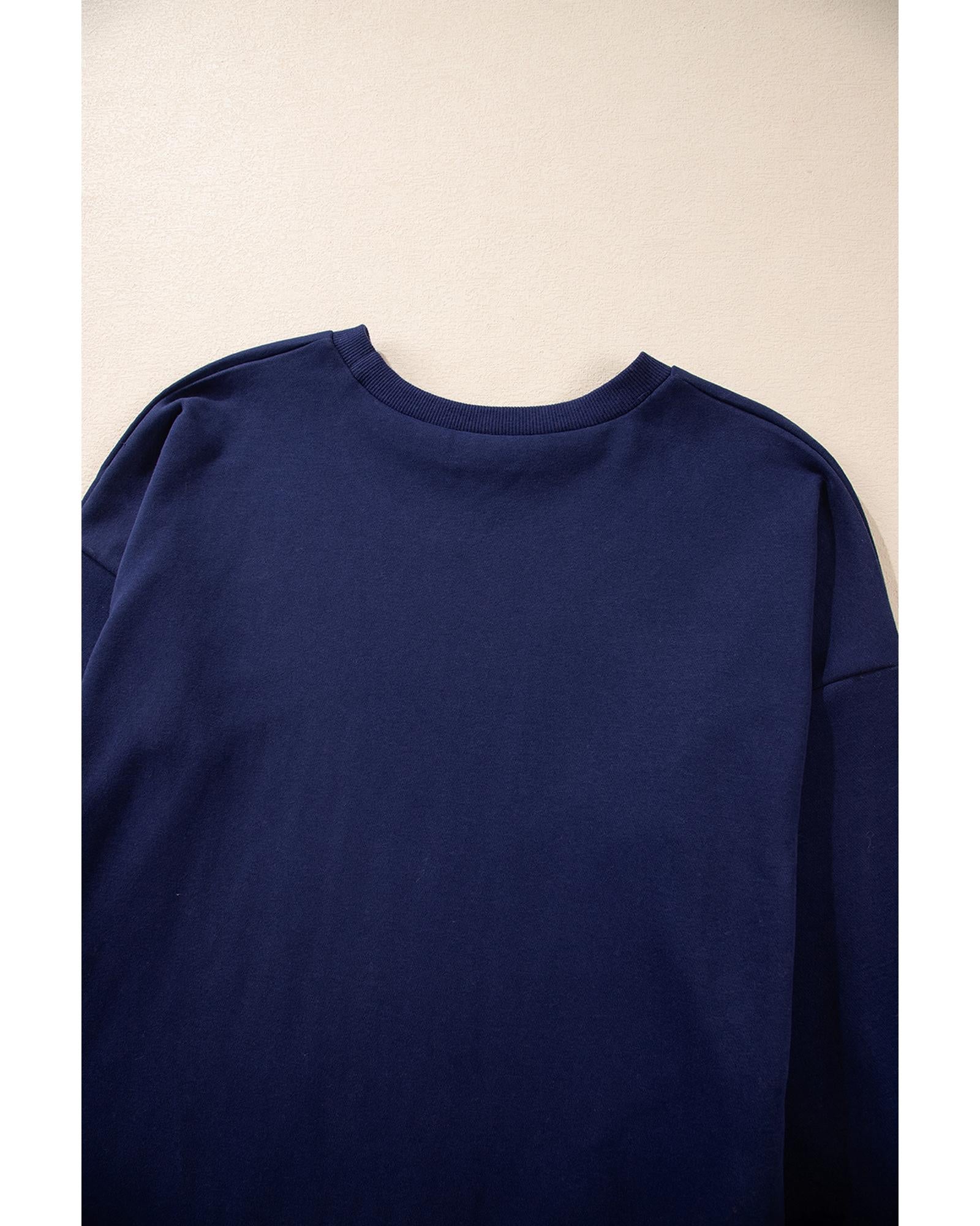 Navy Blue Solid O Neck High Low Hem Pullover Sweatshirt - L 7