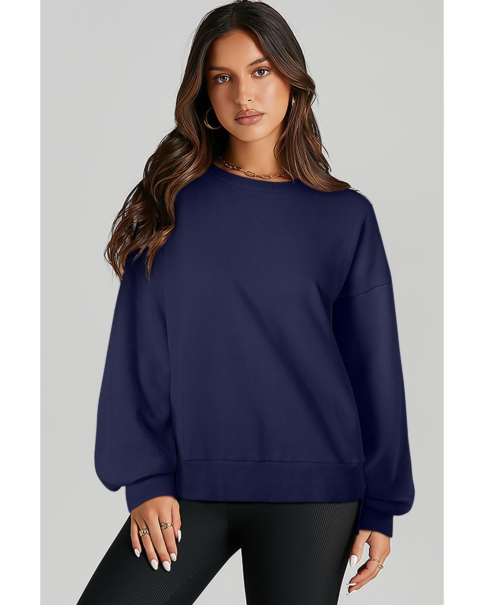 Navy Blue Solid O Neck High Low Hem Pullover Sweatshirt - XL