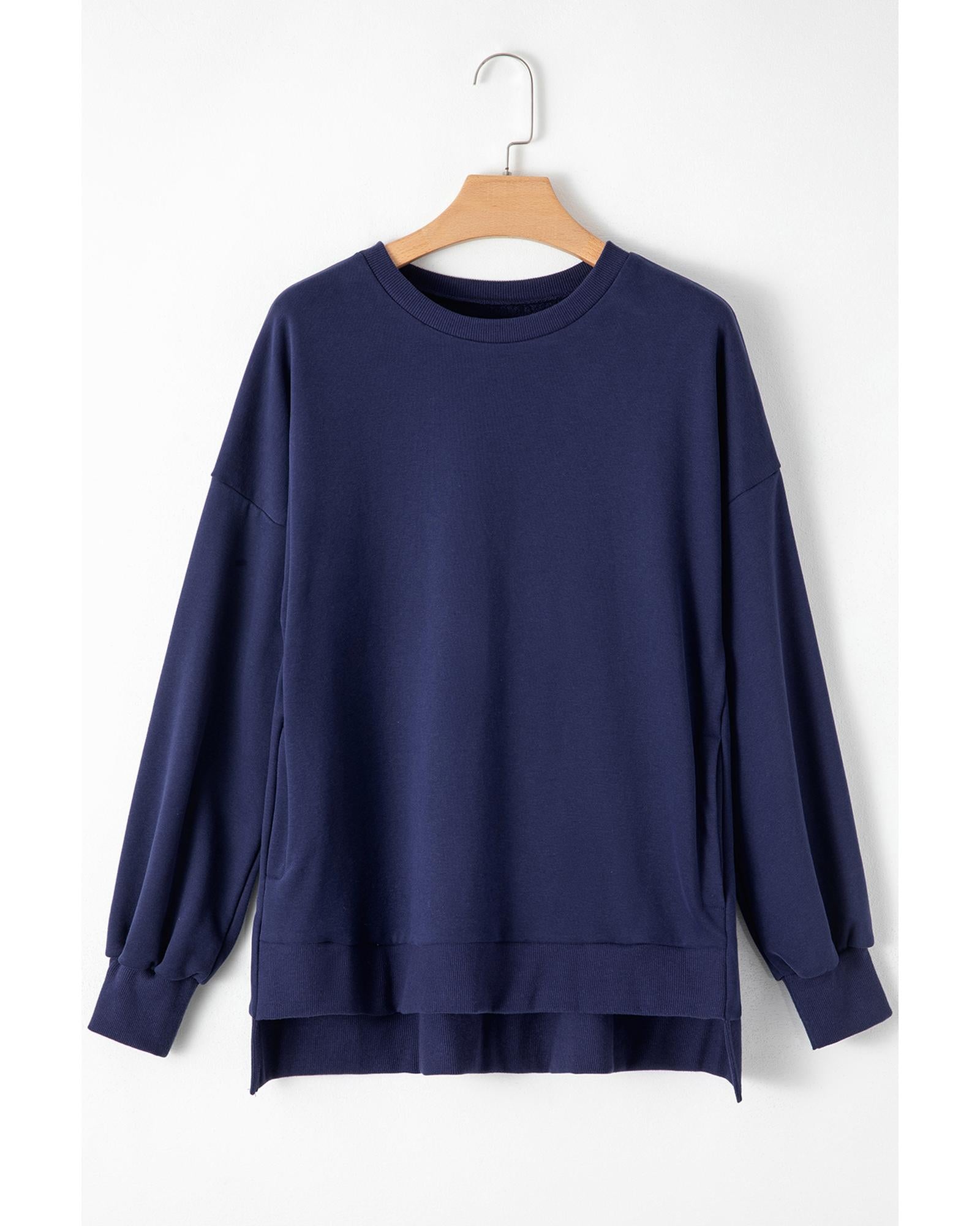 Navy Blue Solid O Neck High Low Hem Pullover Sweatshirt - XL 3