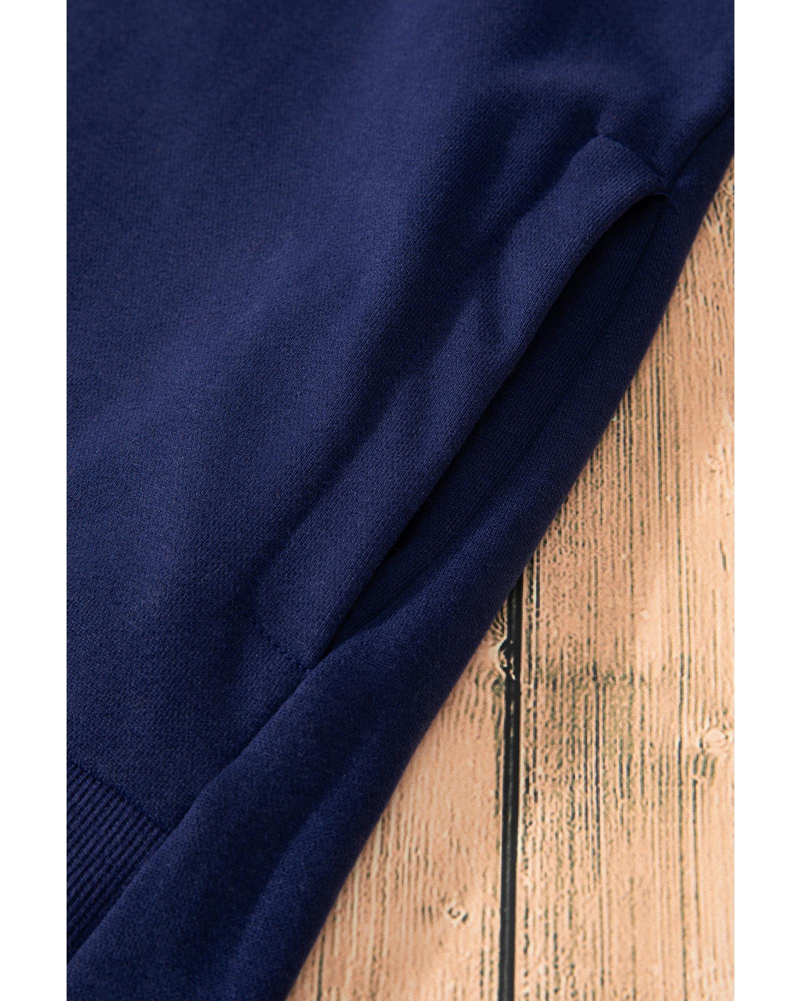 Navy Blue Solid O Neck High Low Hem Pullover Sweatshirt - XL 6