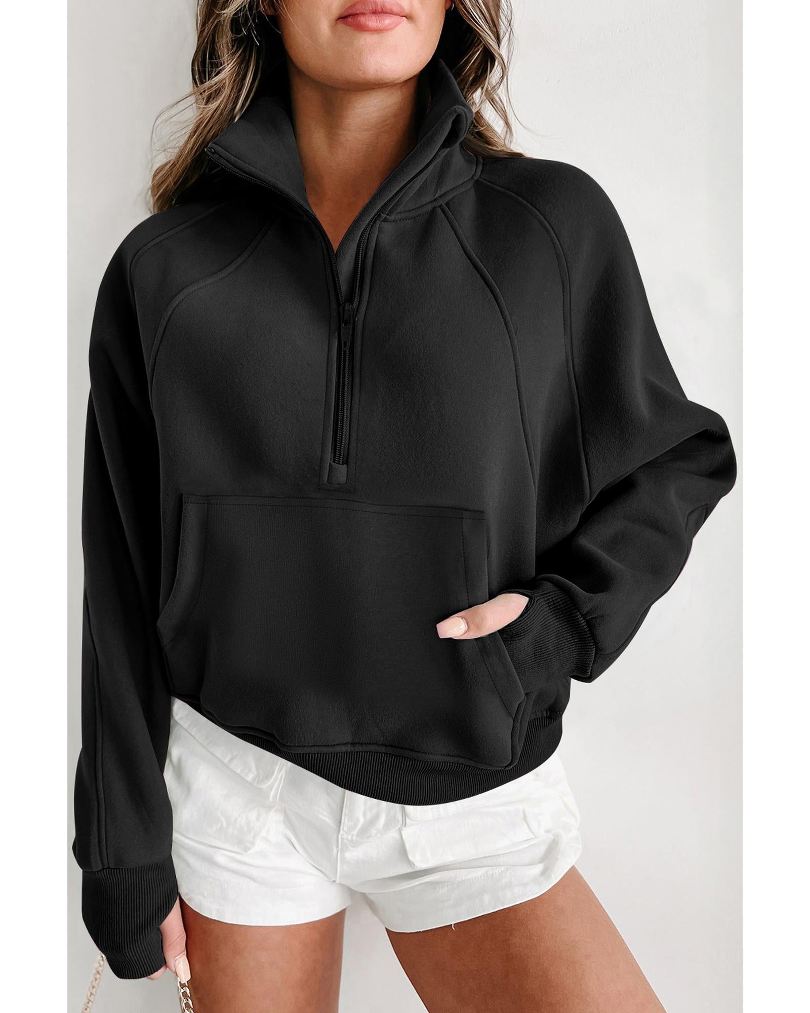 Black Quarter Zip Stand Neck Kangaroo Pocket Sweatshirt - L 6