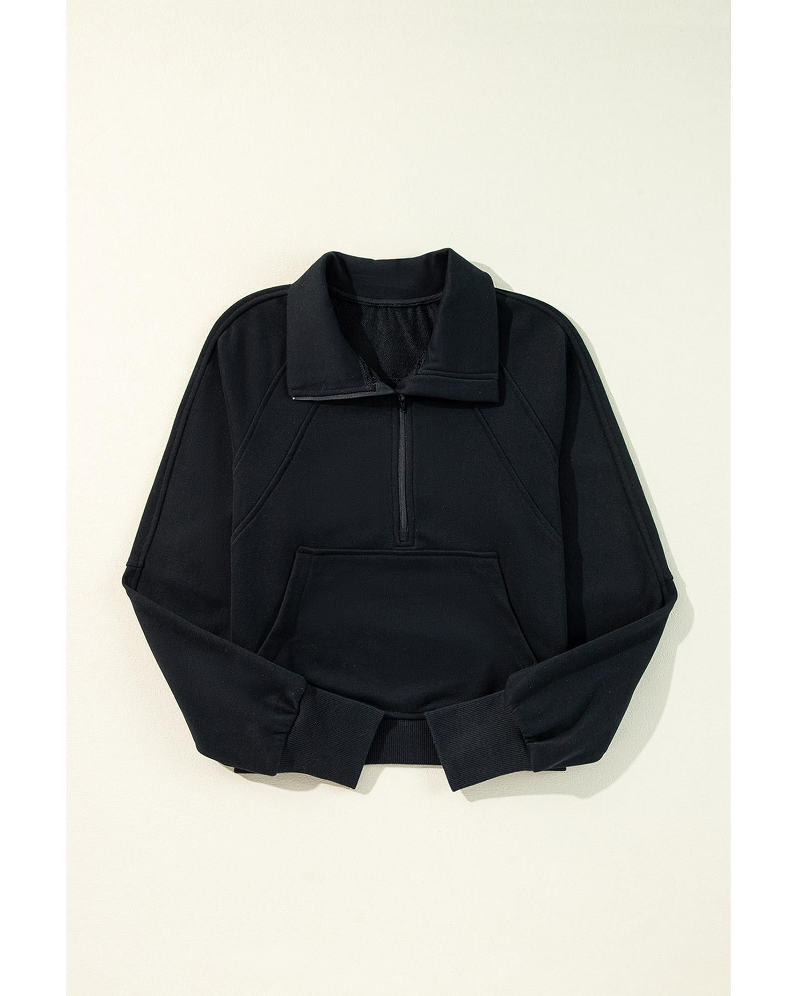 Black Quarter Zip Stand Neck Kangaroo Pocket Sweatshirt - XL
