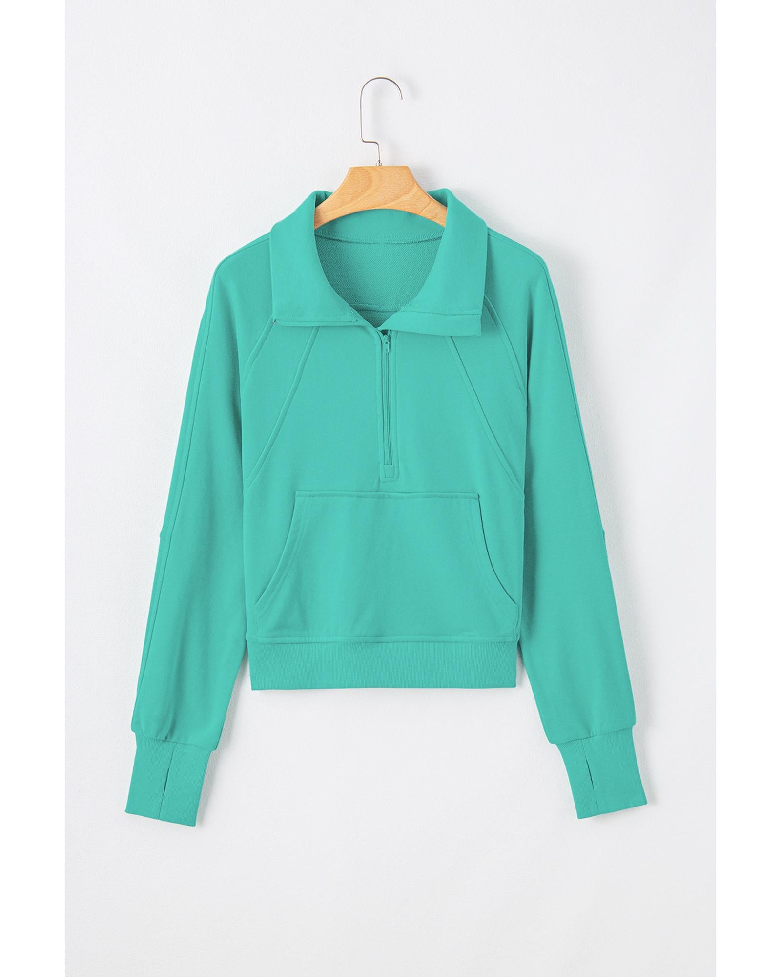 Aruba Blue Quarter Zip Stand Neck Kangaroo Pocket Sweatshirt - S