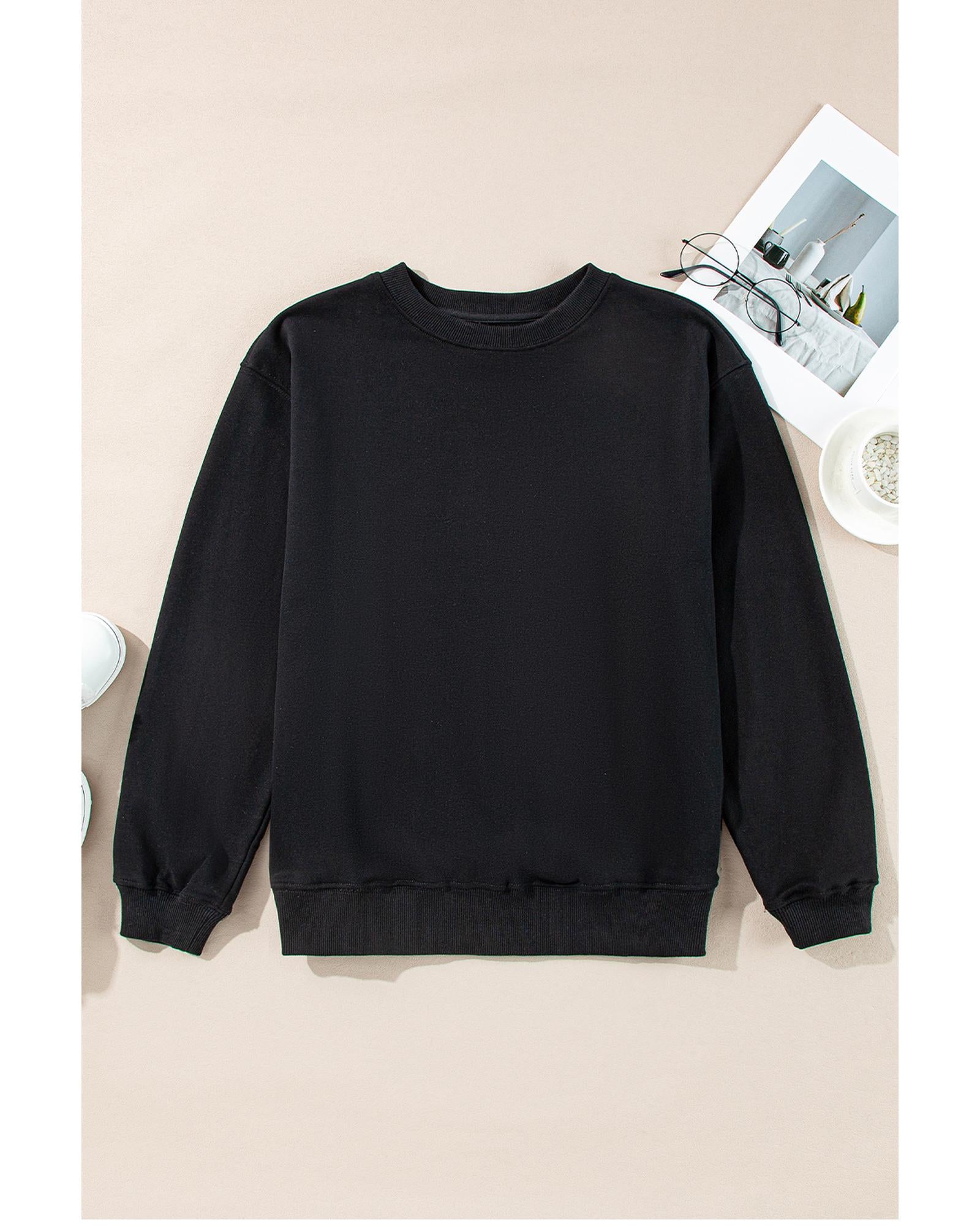 Black Plain Drop Shoulder Crewneck Pullover Sweatshirt - 2XL 5