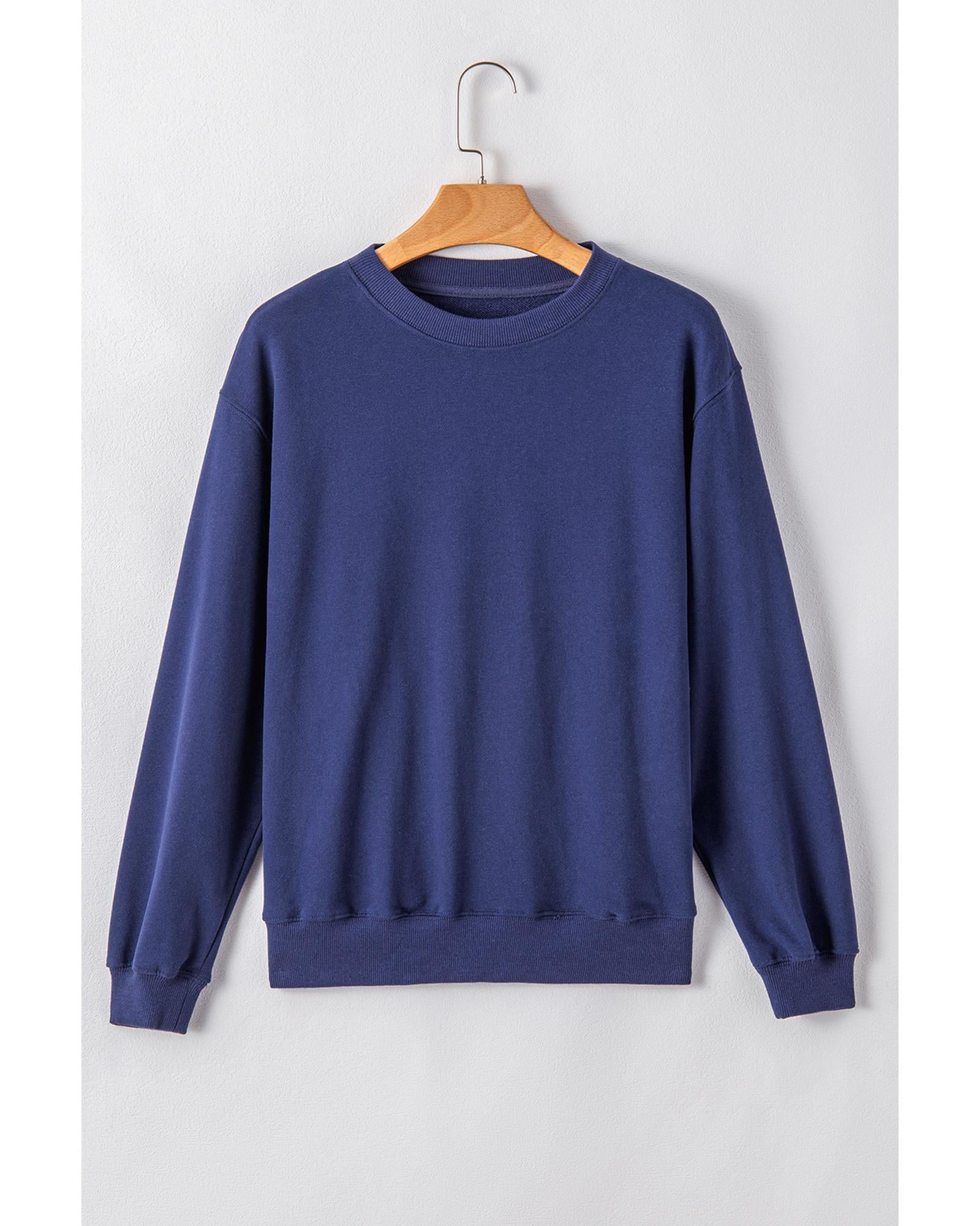 Navy Blue Plain Drop Shoulder Crewneck Pullover Sweatshirt - M 3