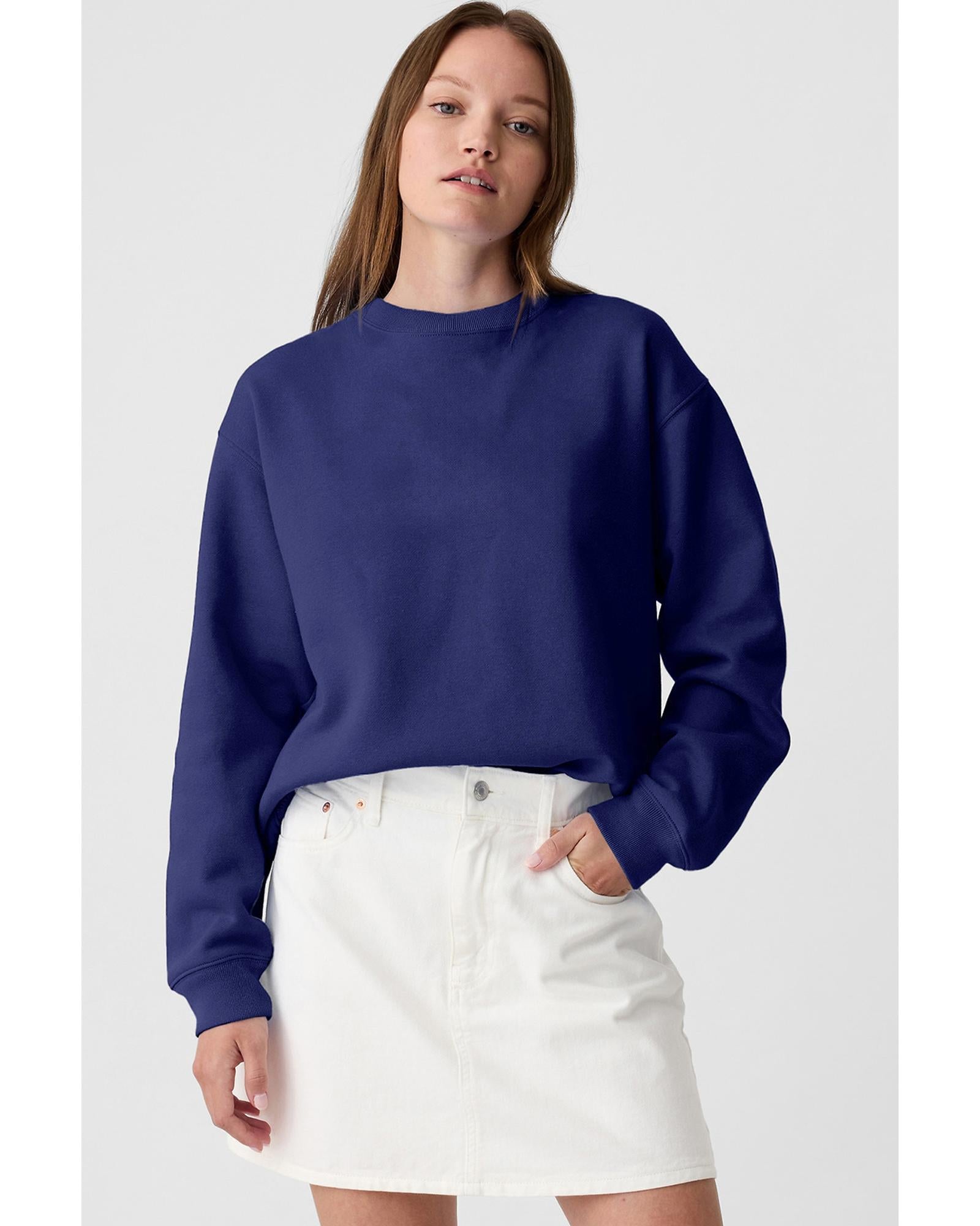 Navy Blue Plain Drop Shoulder Crewneck Pullover Sweatshirt - M 7