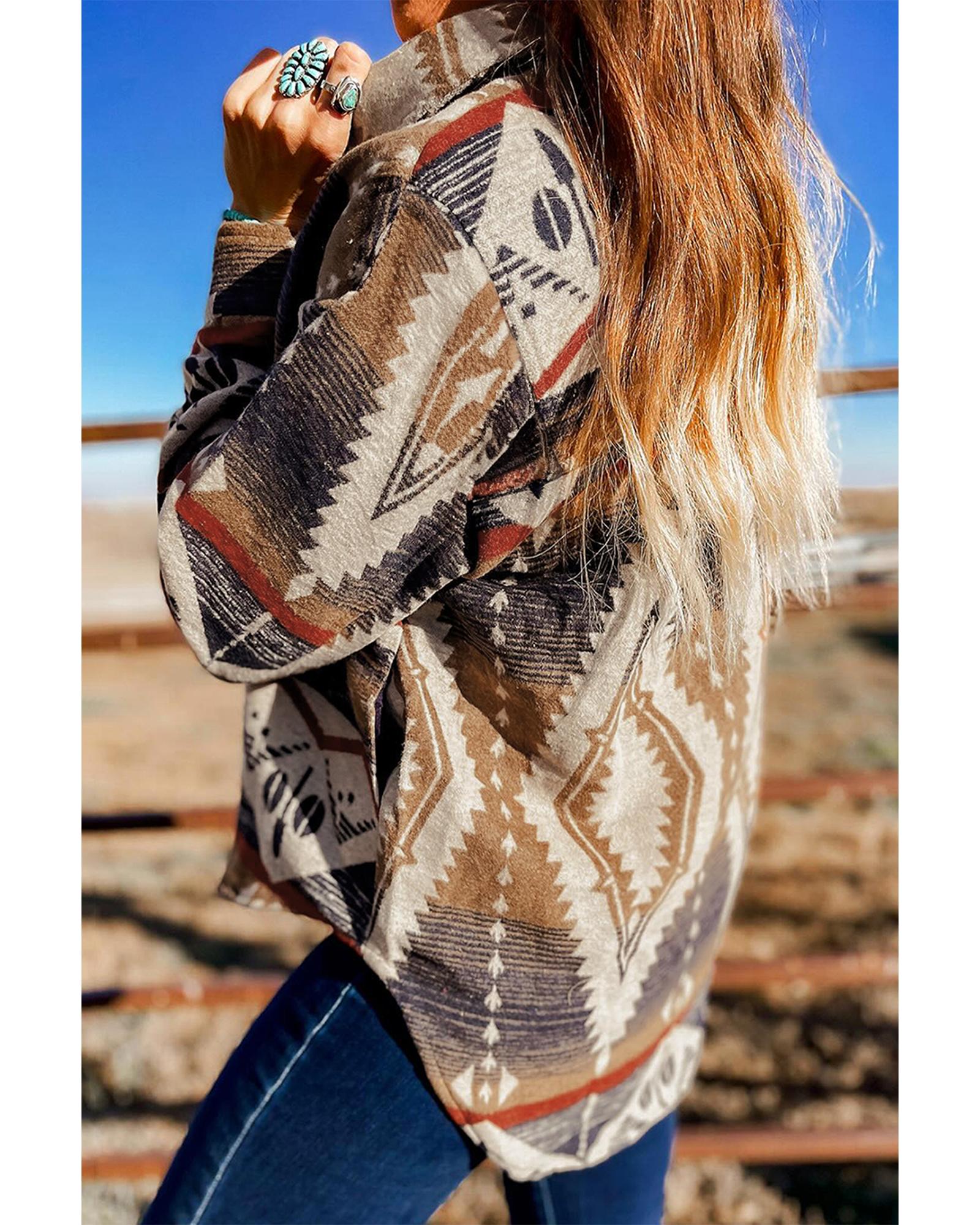 Brown Western Aztec Collared Button-up Sweatshirt - S