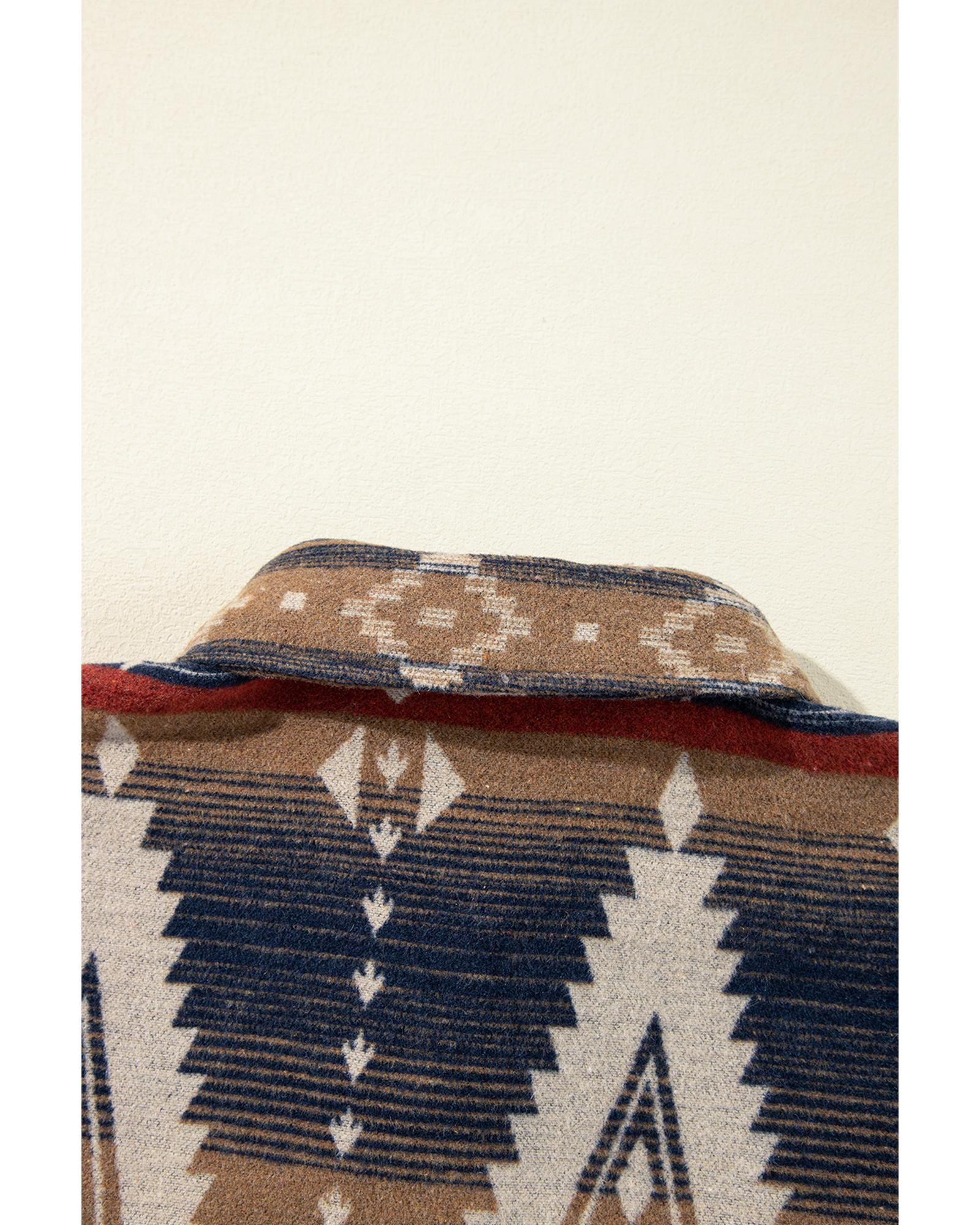 Brown Western Aztec Collared Button-up Sweatshirt - S 4