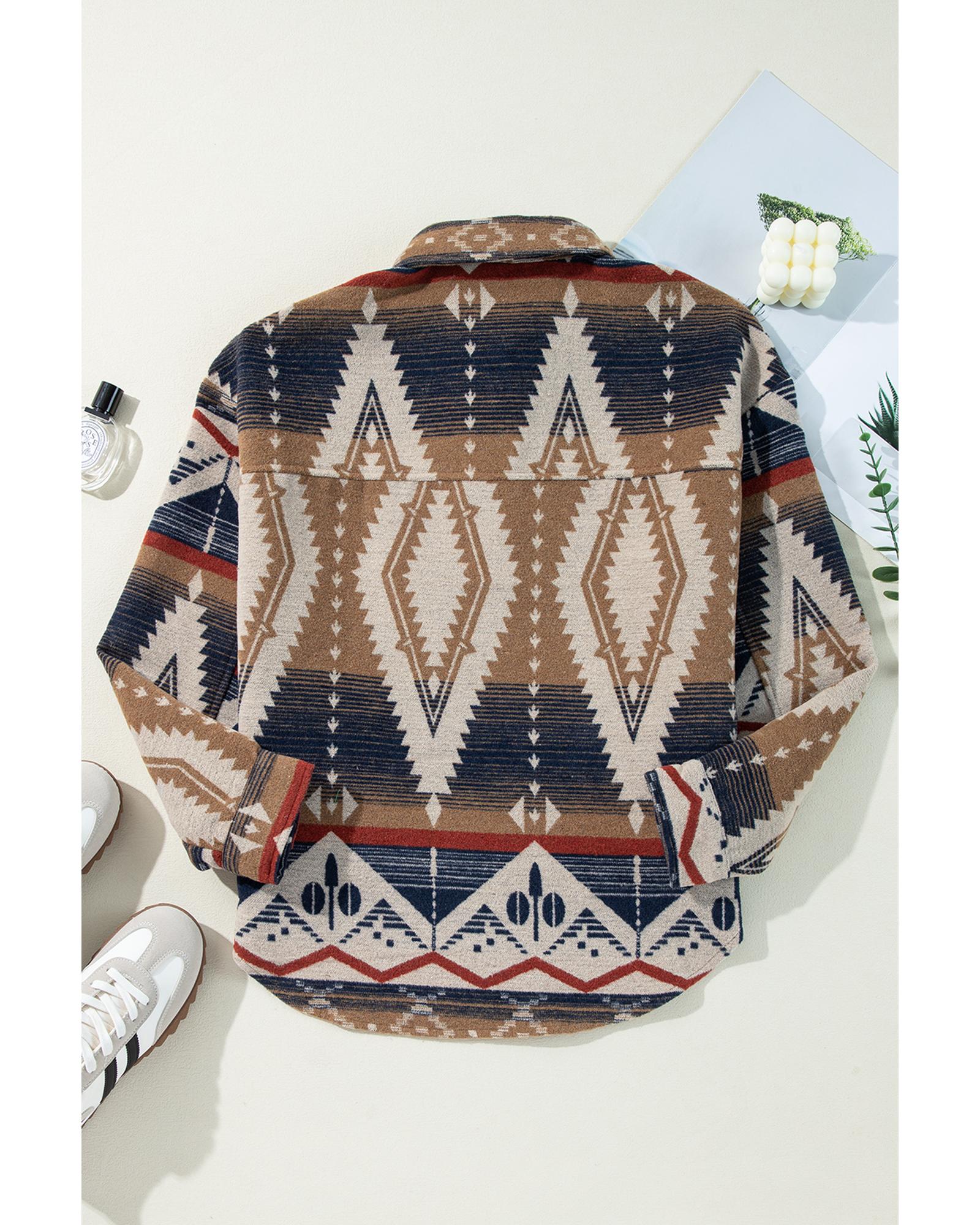 Brown Western Aztec Collared Button-up Sweatshirt - S 6