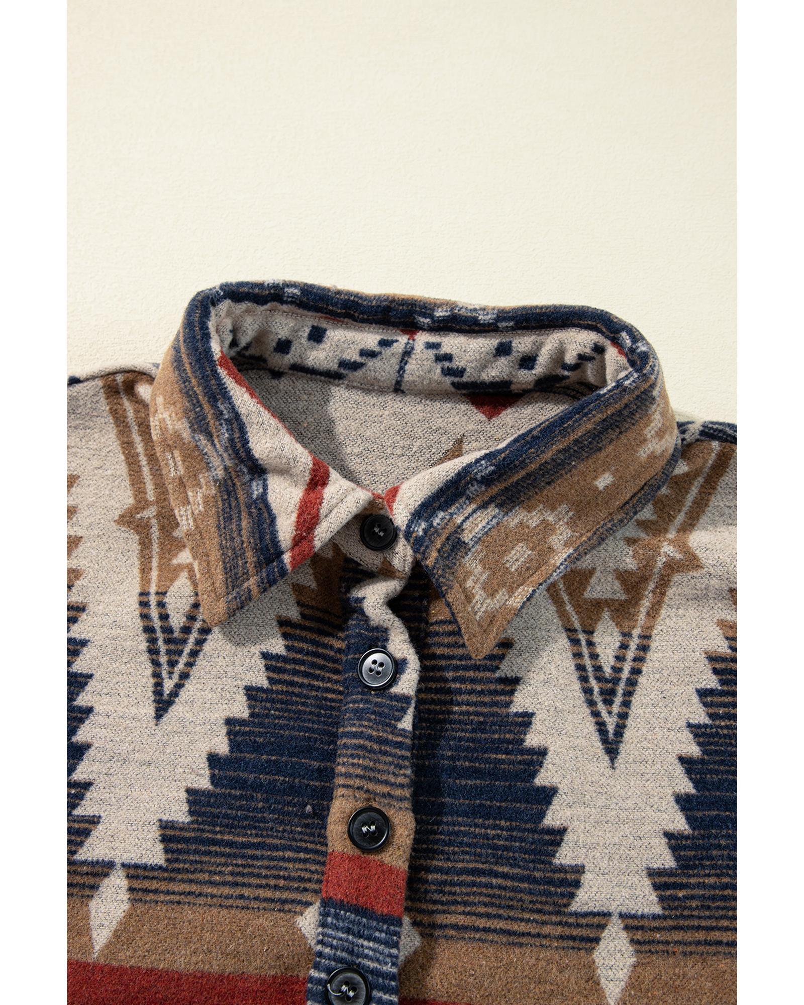 Brown Western Aztec Collared Button-up Sweatshirt - S 7