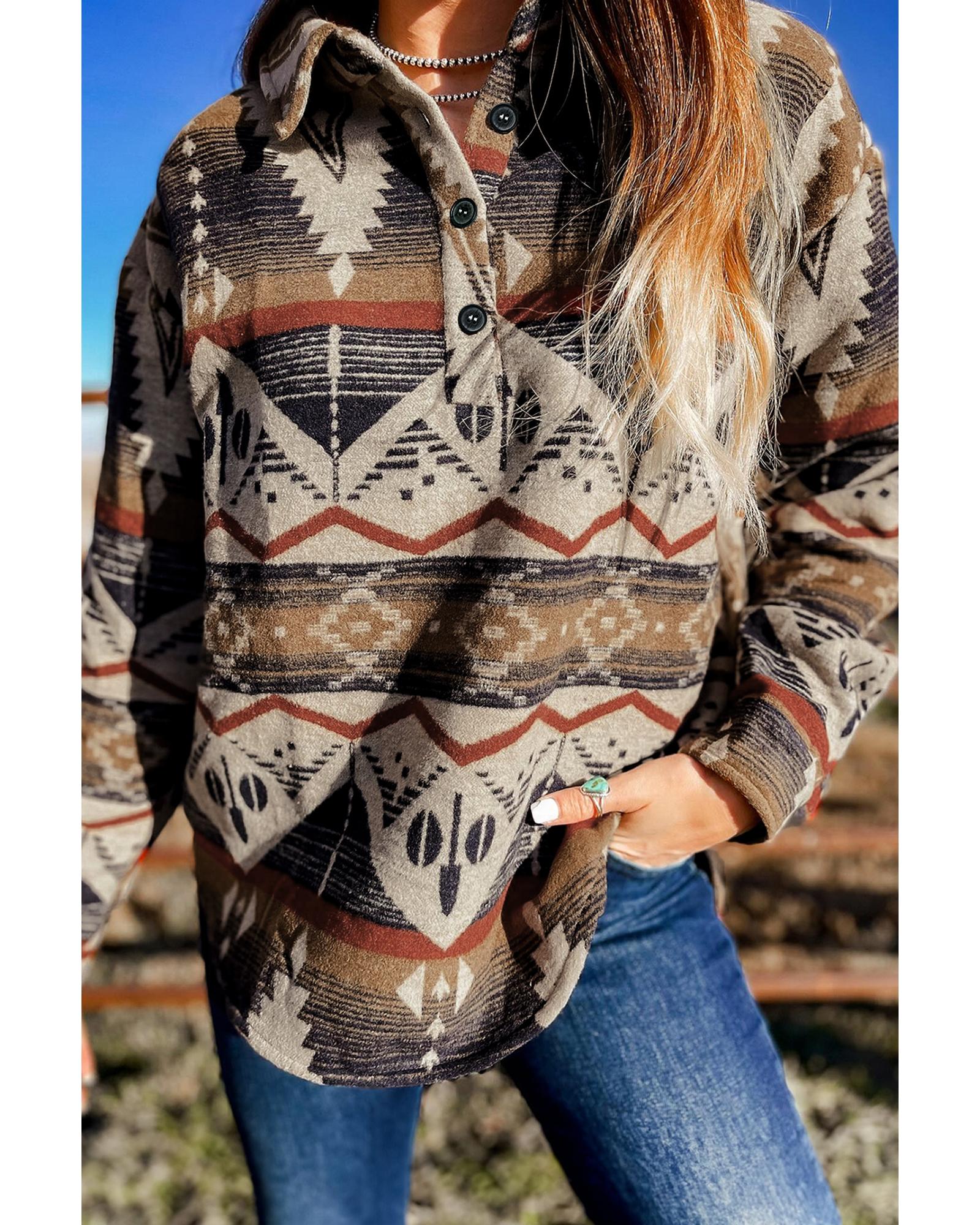 Brown Western Aztec Collared Button-up Sweatshirt - S 8