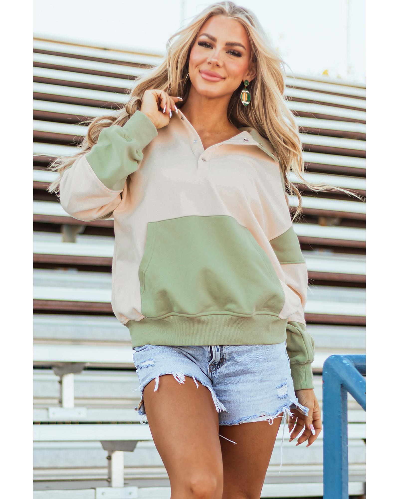 Laurel Green Colorblock Patchwork Buttoned Collar Kangaroo Pocket Sweatshirt - XL 7
