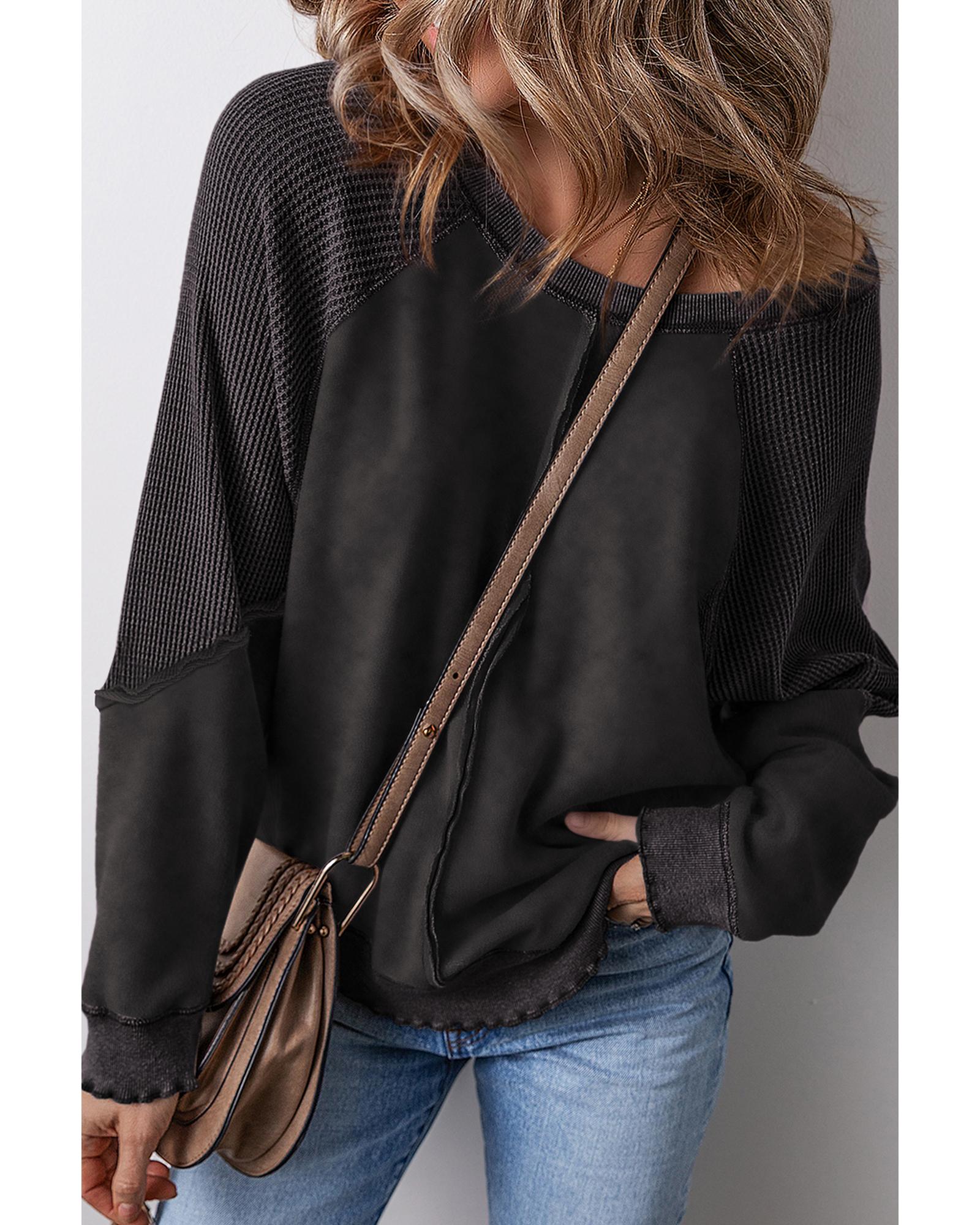 Black Solid Waffle Knit Patchwork Raglan Sleeve Sweatshirt - L