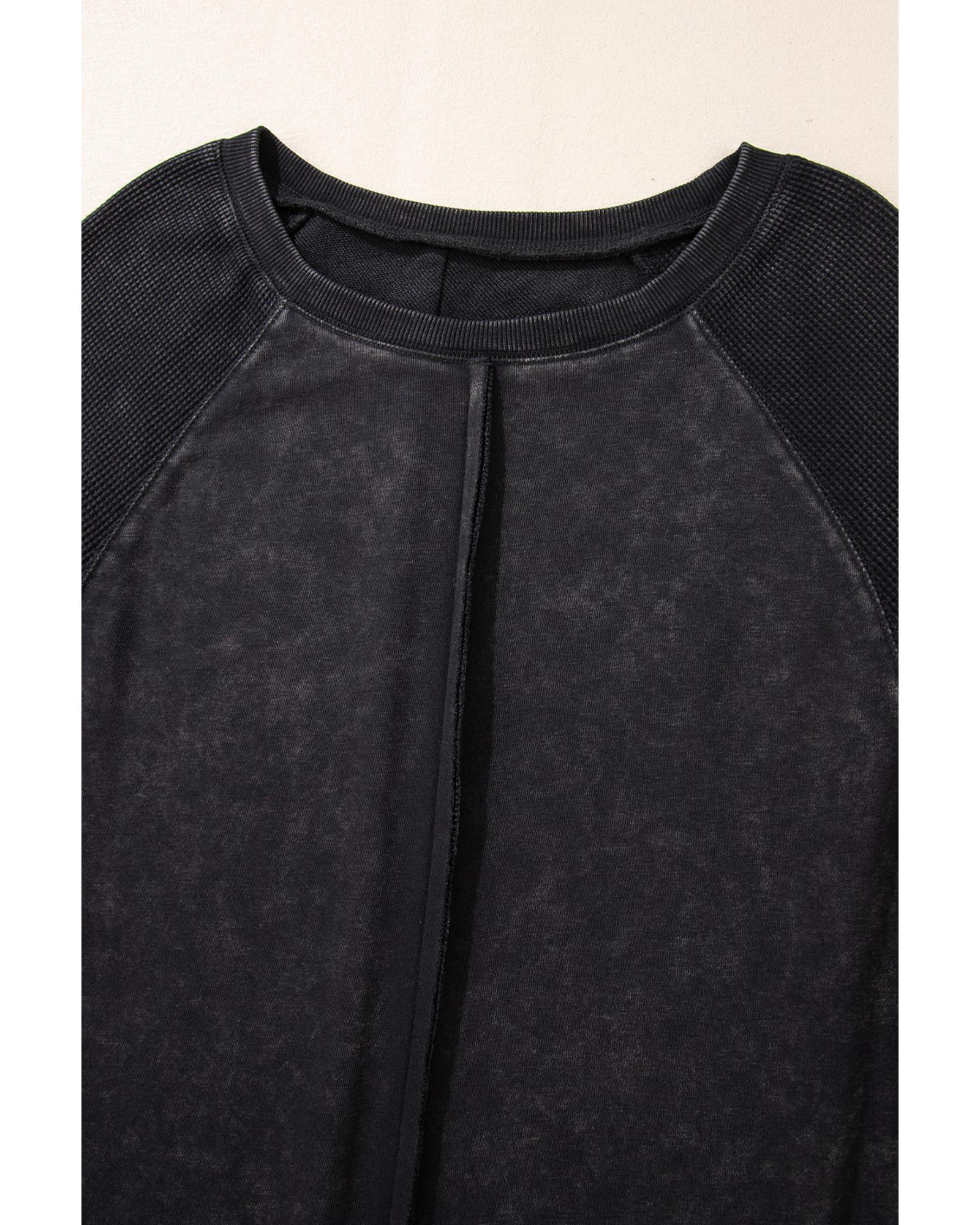 Black Solid Waffle Knit Patchwork Raglan Sleeve Sweatshirt - S 3
