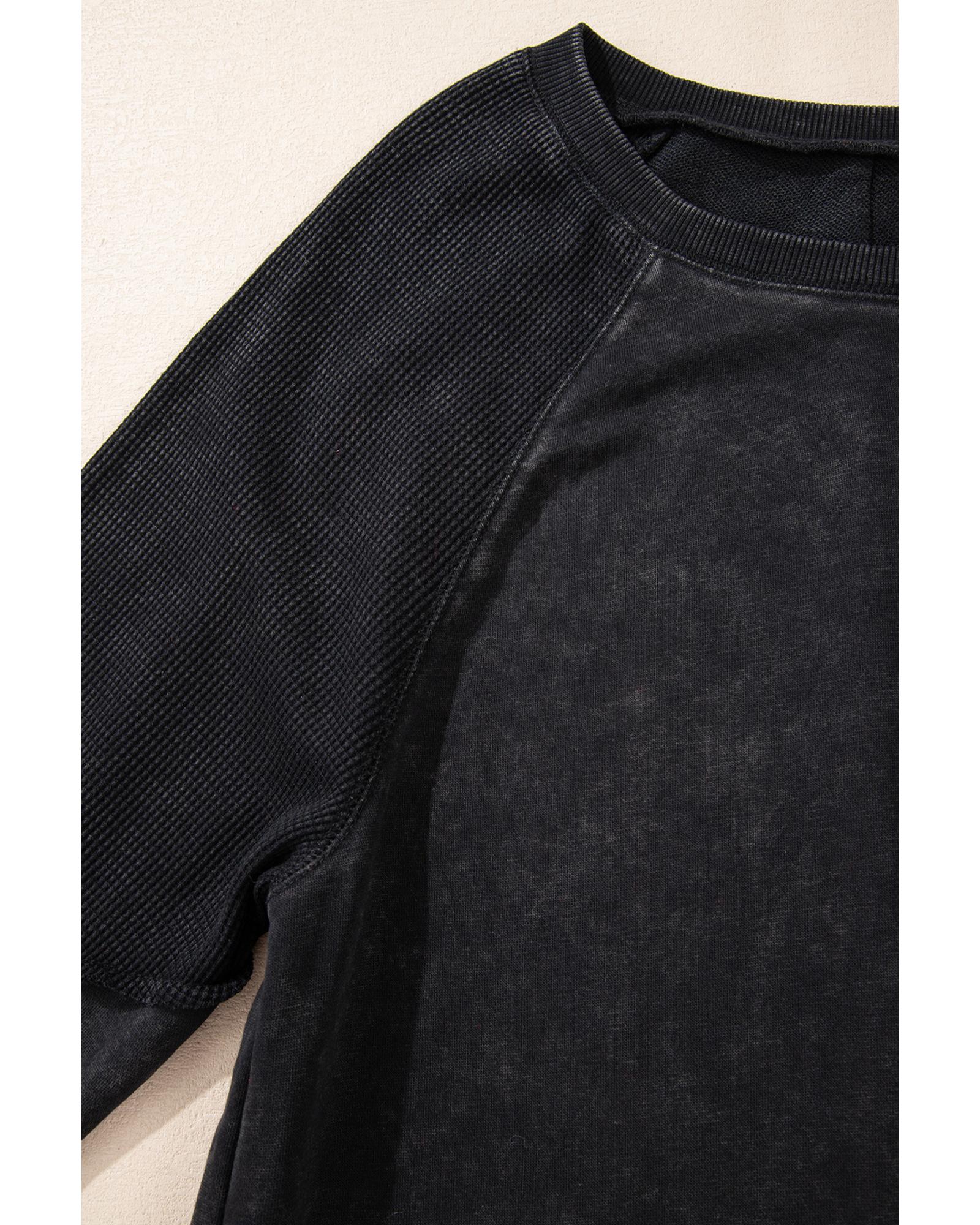 Black Solid Waffle Knit Patchwork Raglan Sleeve Sweatshirt - S 4