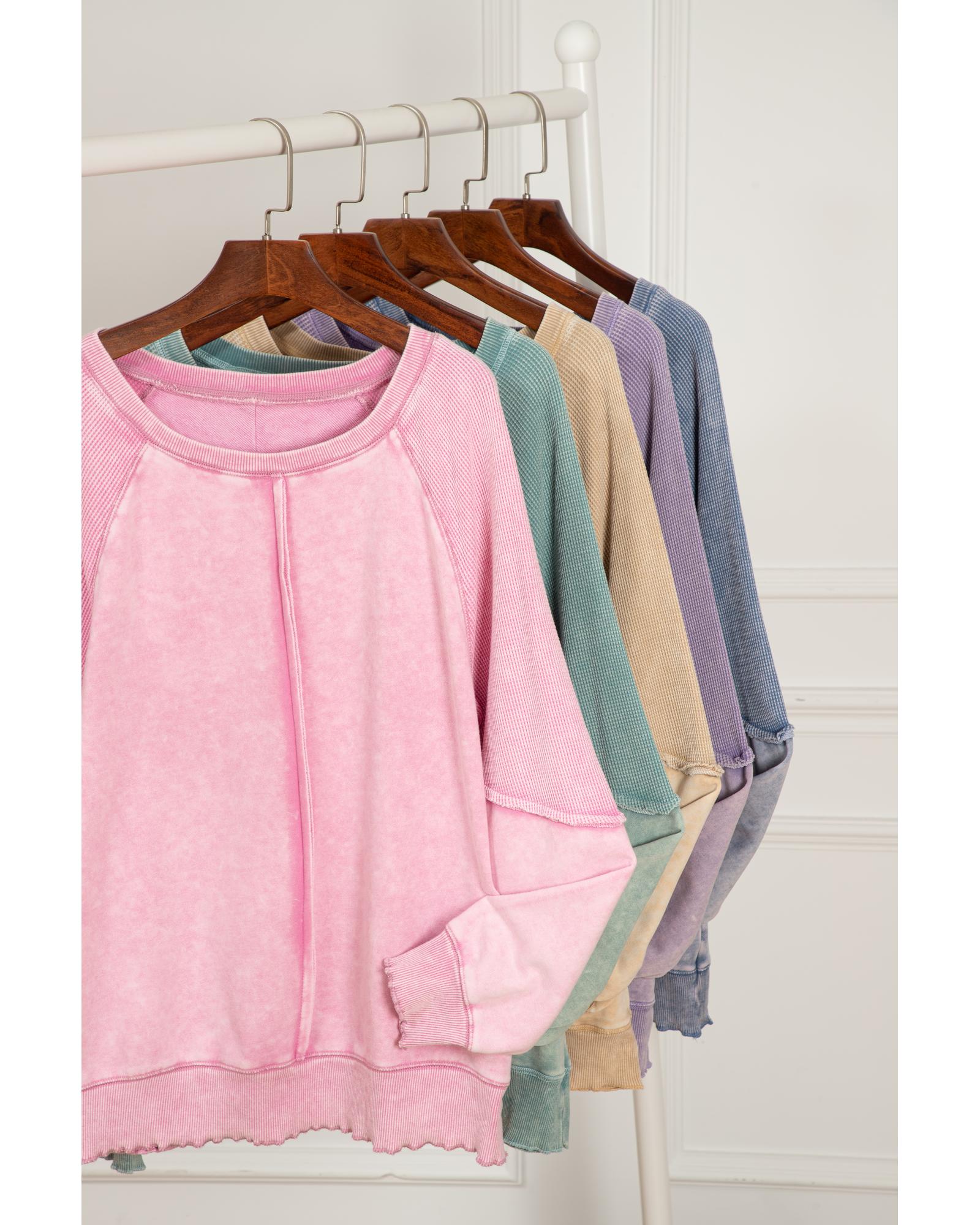 Black Solid Waffle Knit Patchwork Raglan Sleeve Sweatshirt - S 6