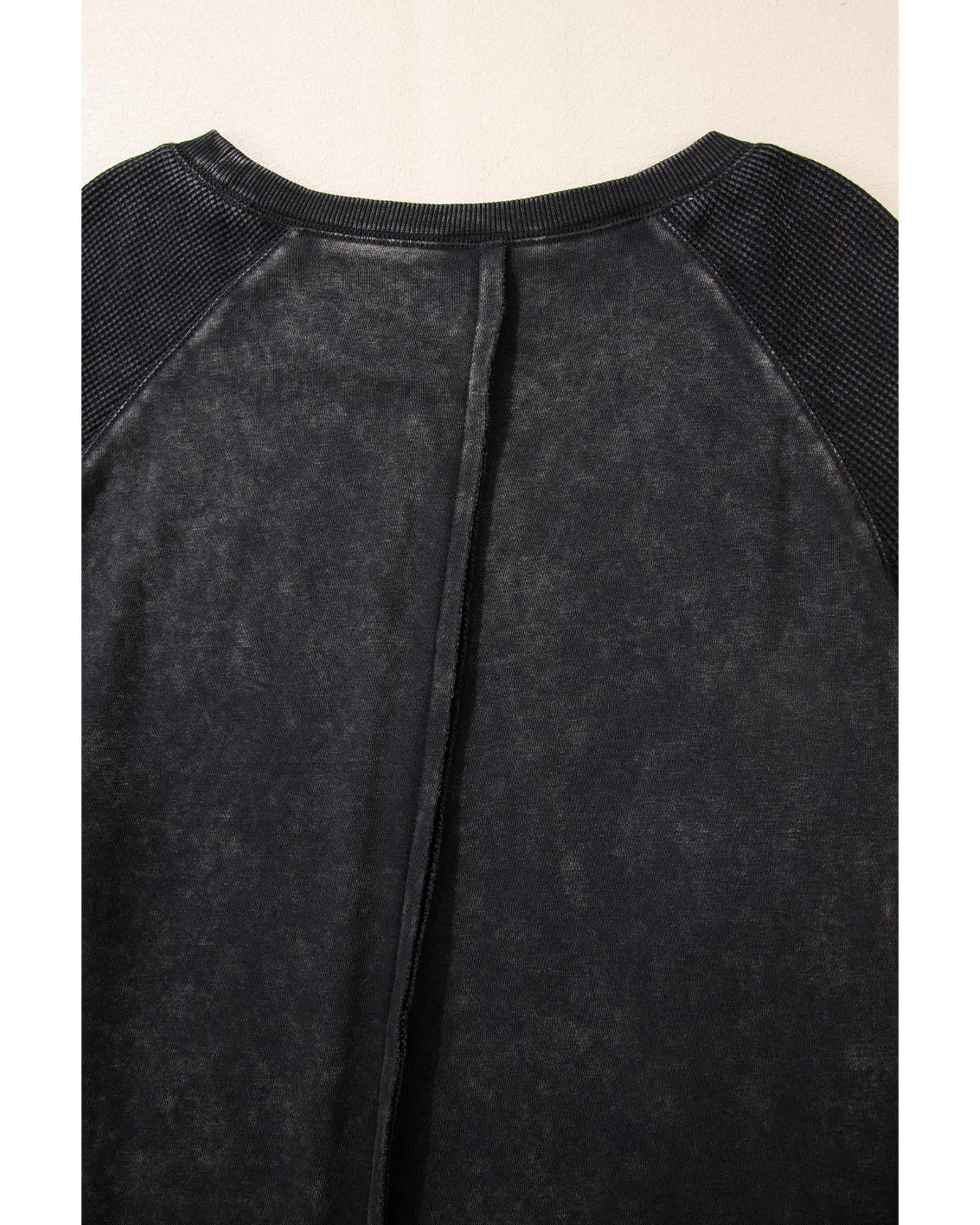 Black Solid Waffle Knit Patchwork Raglan Sleeve Sweatshirt - S 8