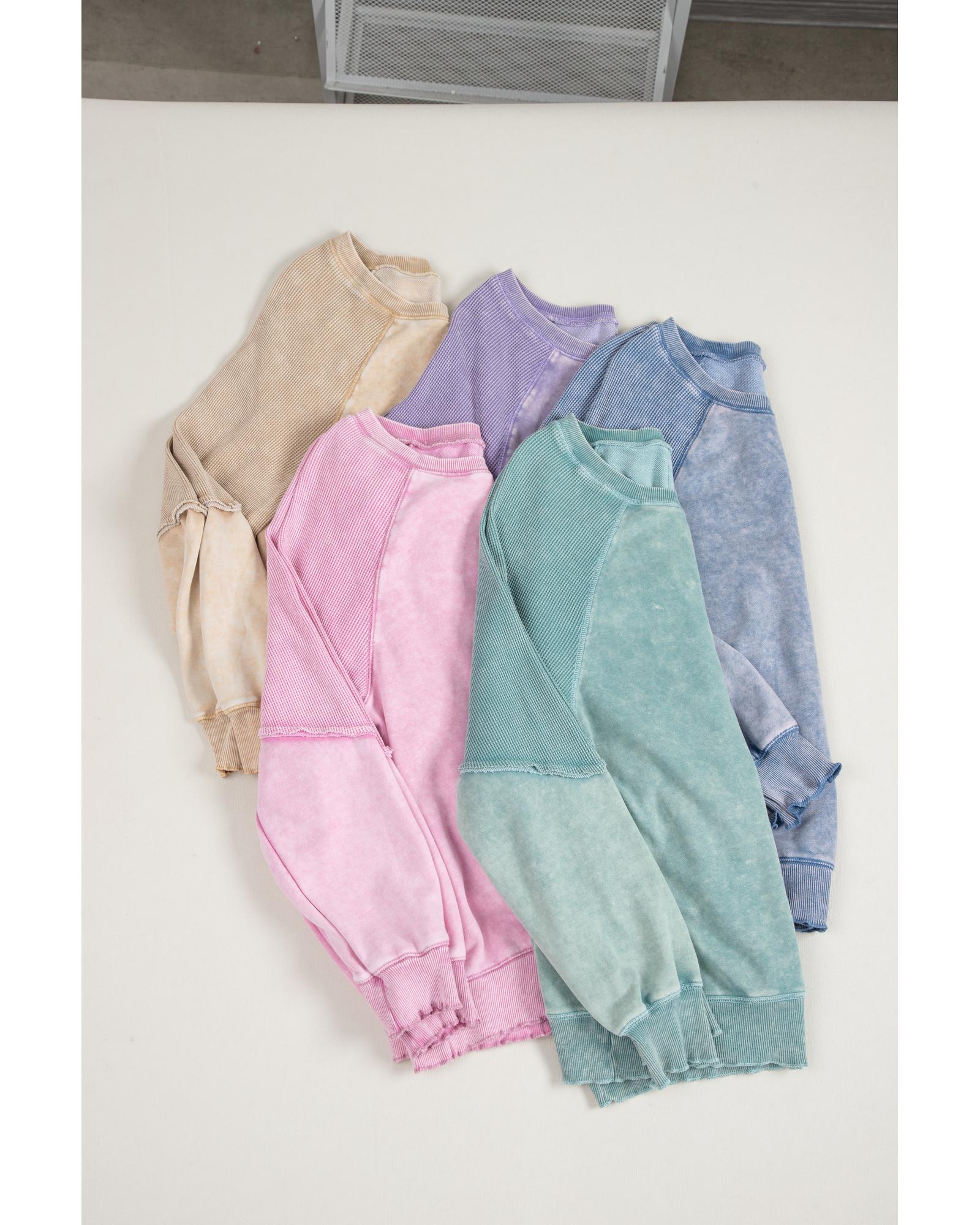 Light French Beige Solid Waffle Knit Patchwork Raglan Sleeve Sweatshirt - L