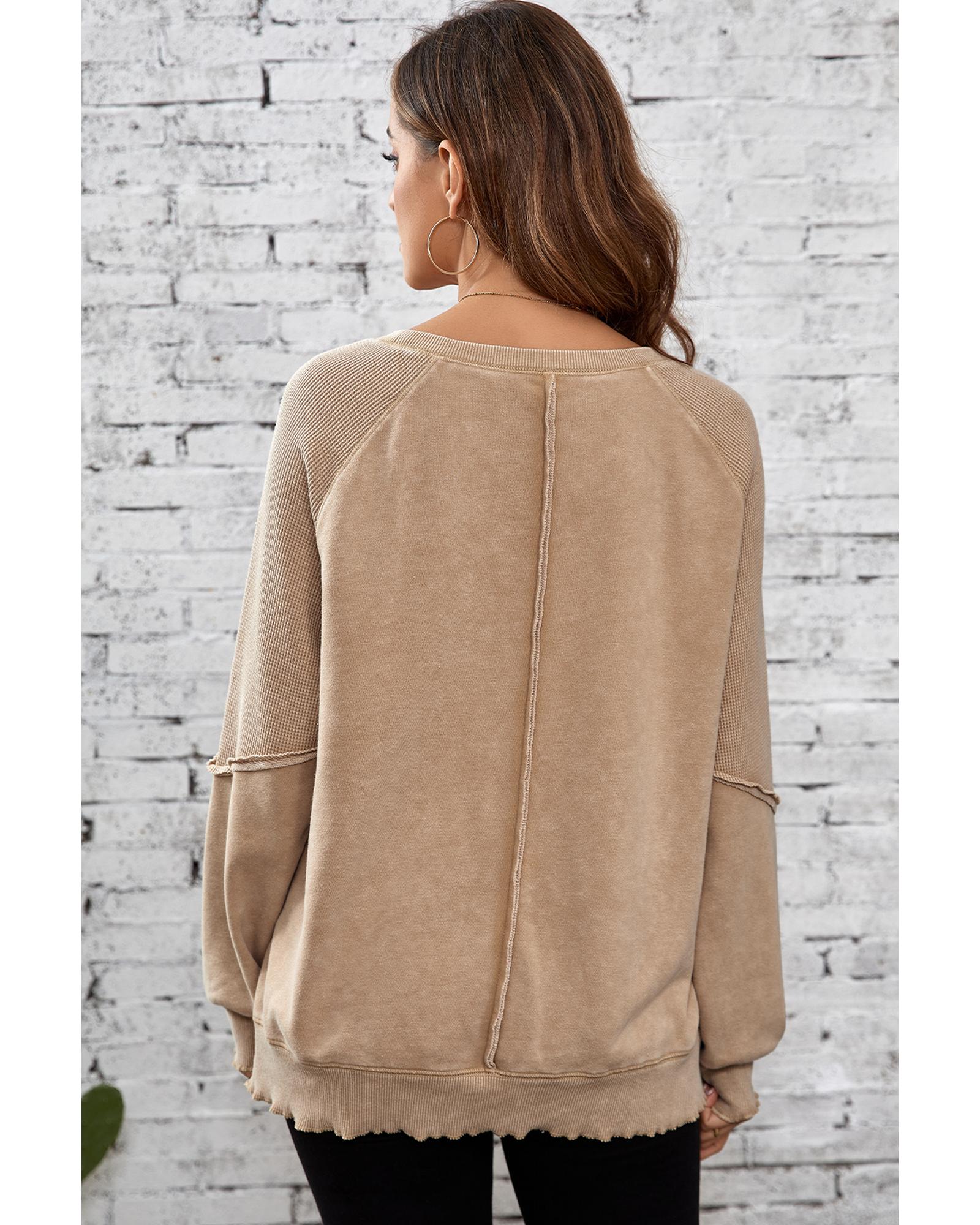 Light French Beige Solid Waffle Knit Patchwork Raglan Sleeve Sweatshirt - L 3