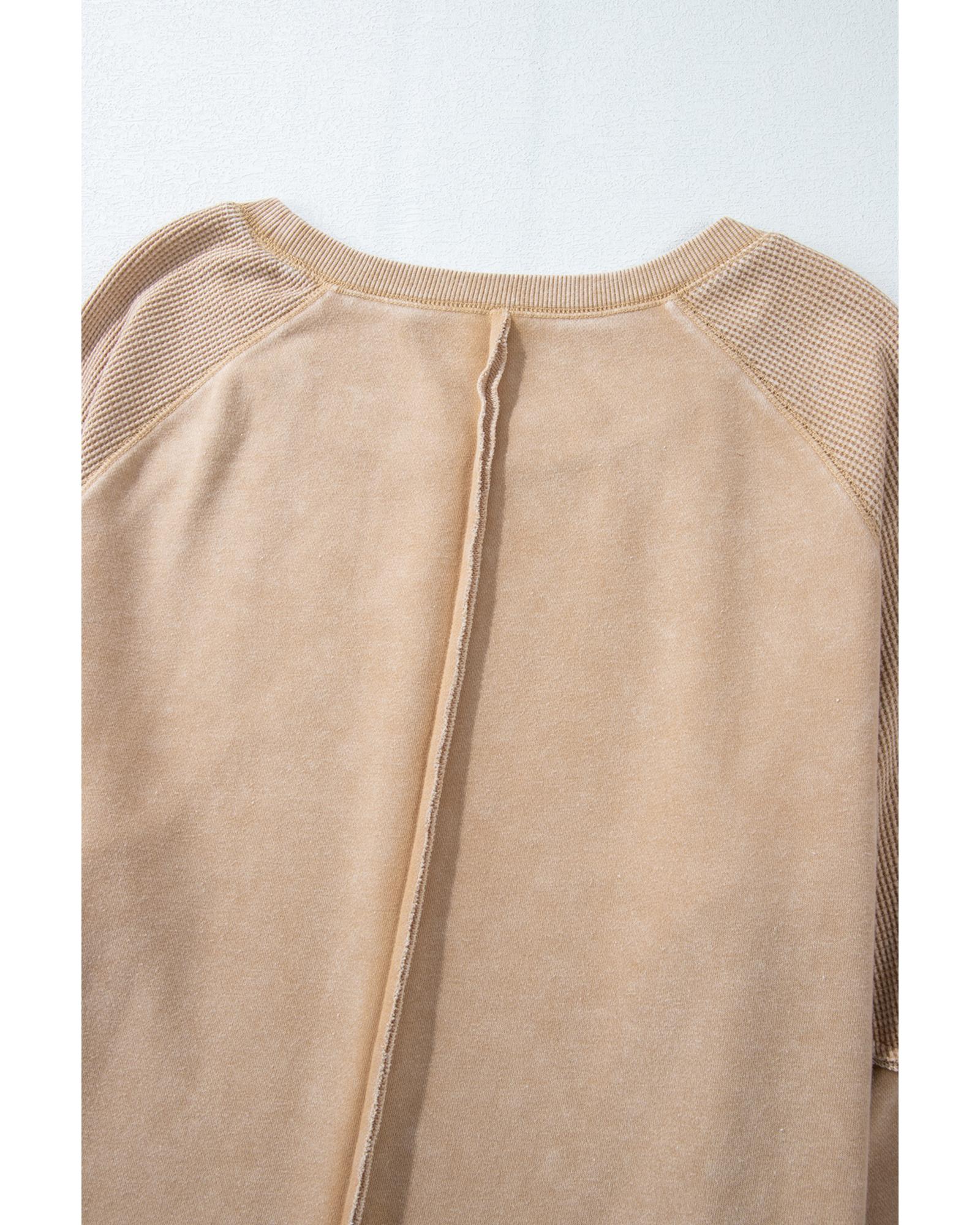 Light French Beige Solid Waffle Knit Patchwork Raglan Sleeve Sweatshirt - L 4