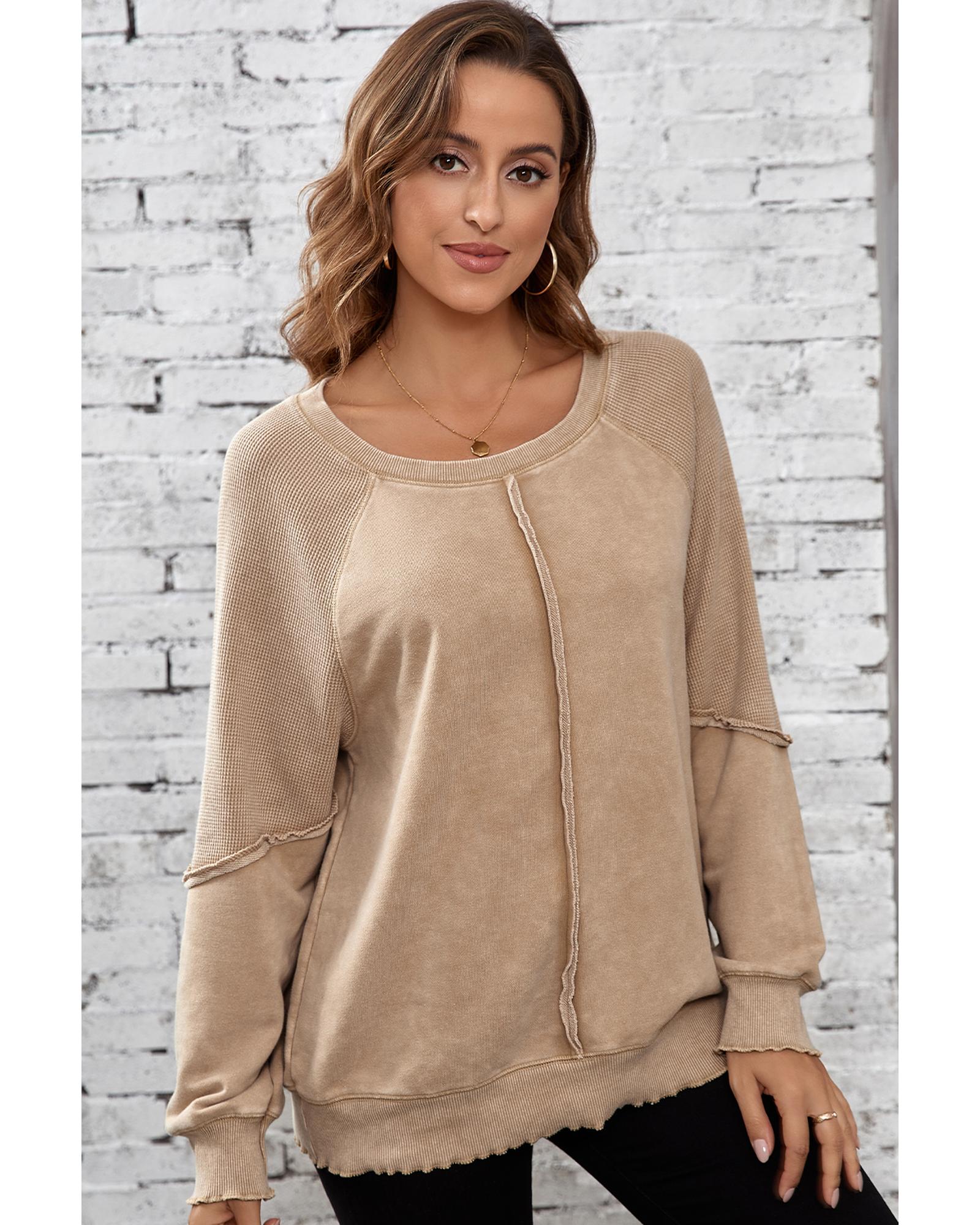 Light French Beige Solid Waffle Knit Patchwork Raglan Sleeve Sweatshirt - L 6