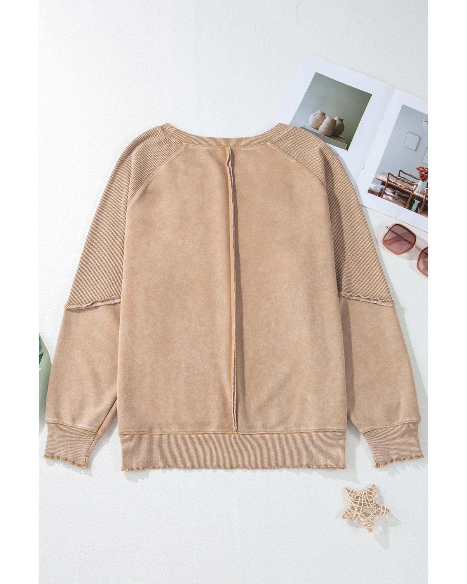 Light French Beige Solid Waffle Knit Patchwork Raglan Sleeve Sweatshirt - L 8