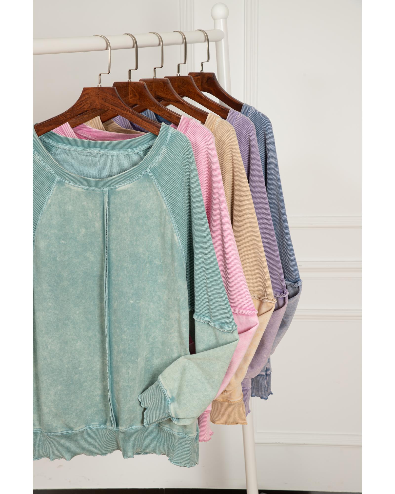 Orchid Petal Solid Waffle Knit Patchwork Raglan Sleeve Sweatshirt - M 4