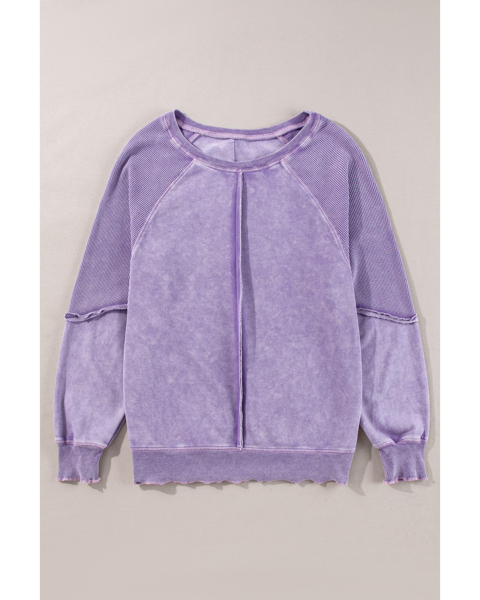Orchid Petal Solid Waffle Knit Patchwork Raglan Sleeve Sweatshirt - M 5