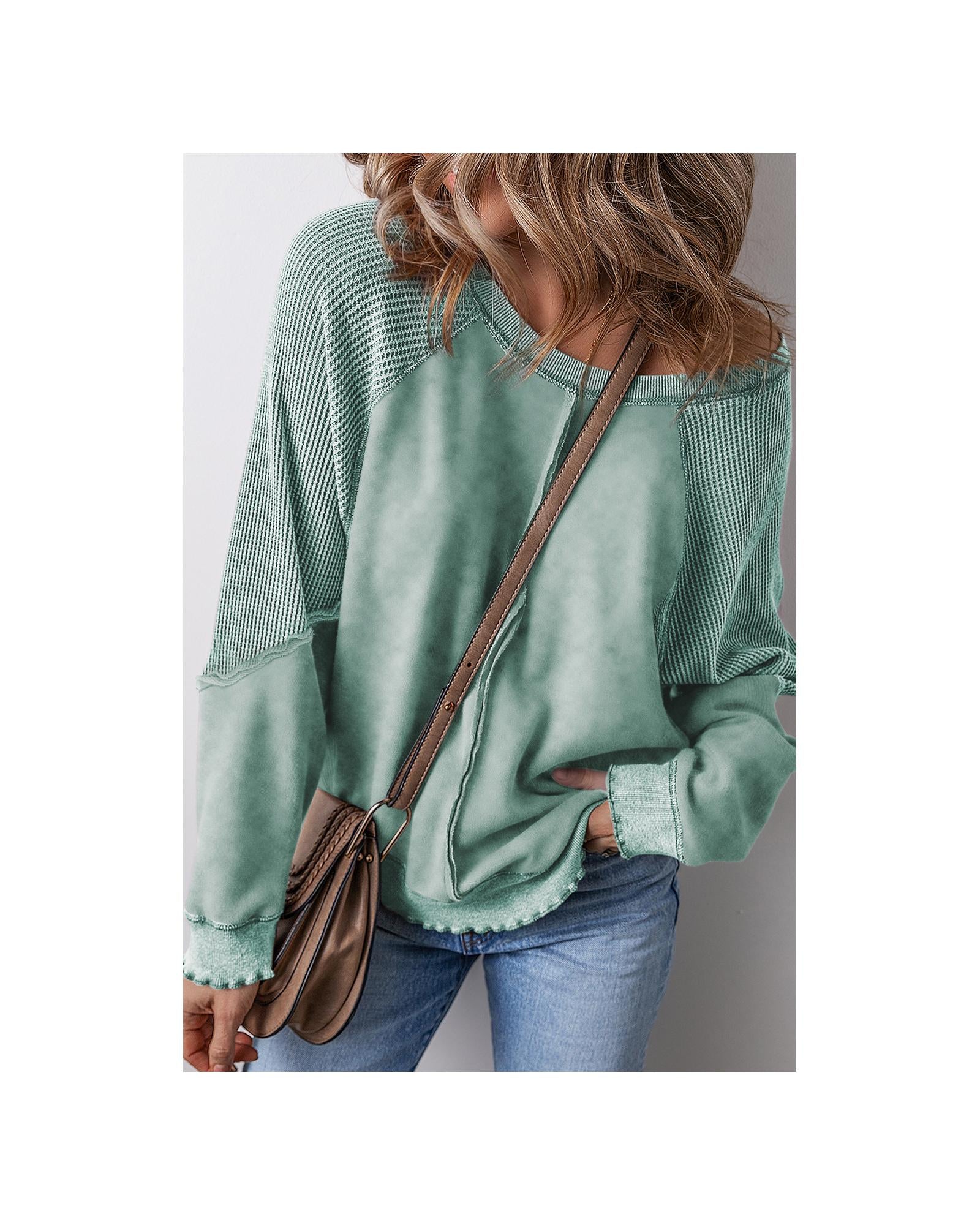 Mineral Blue Solid Waffle Knit Patchwork Raglan Sleeve Sweatshirt - M