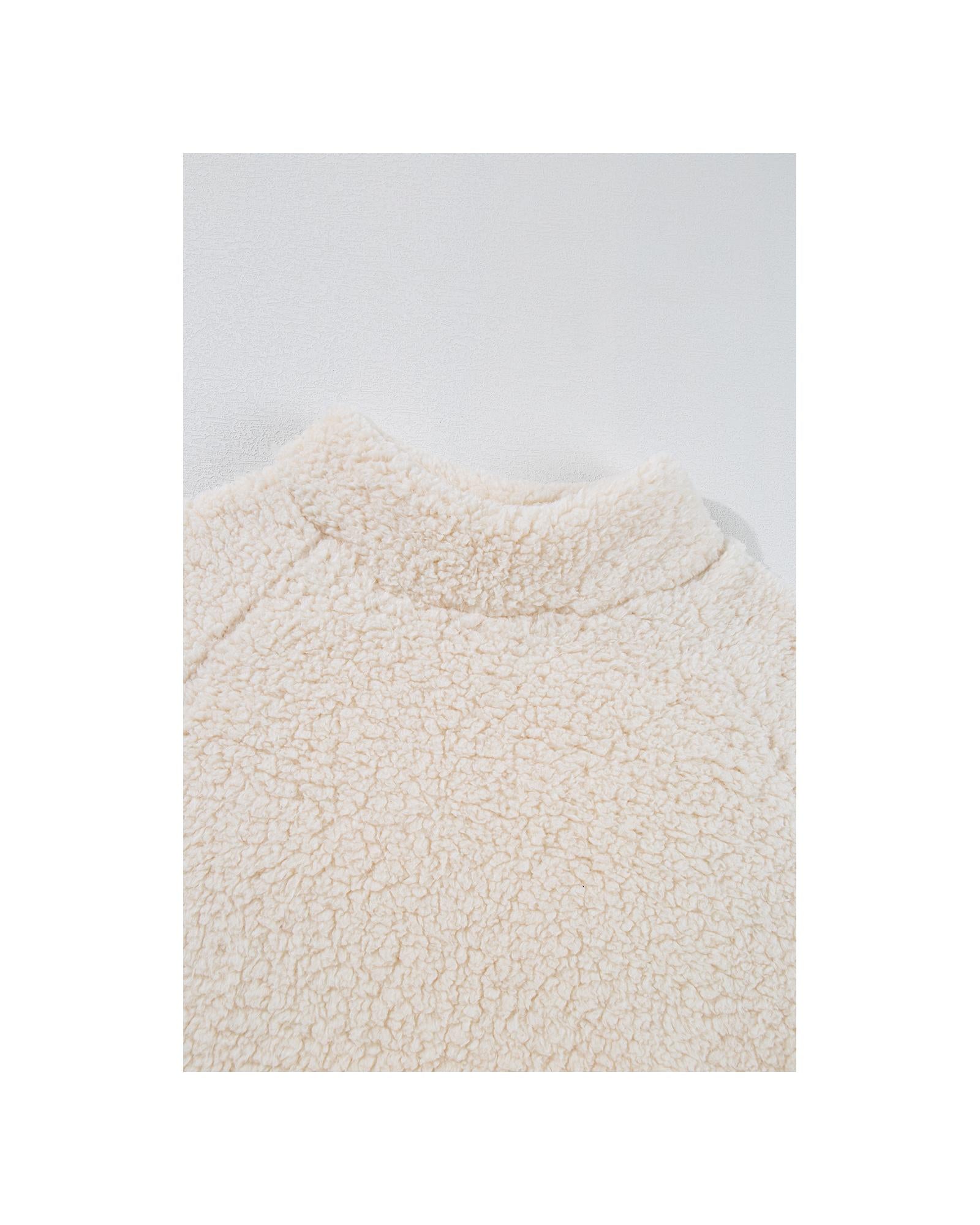 White Solid Fleece High Neck Drop Shoulder Pullover Sweatshirt - M