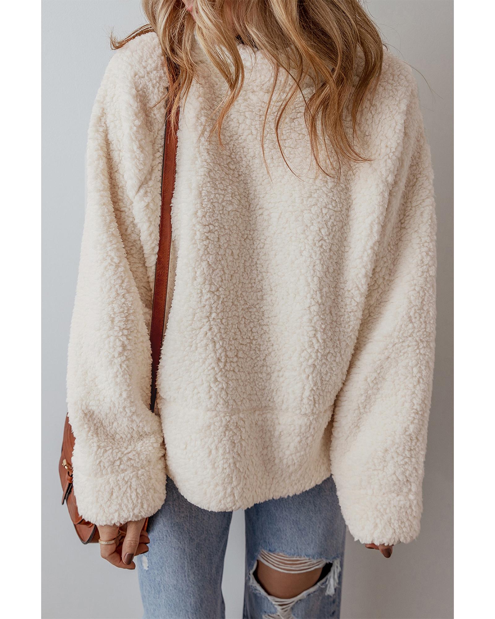 White Solid Fleece High Neck Drop Shoulder Pullover Sweatshirt - M 8