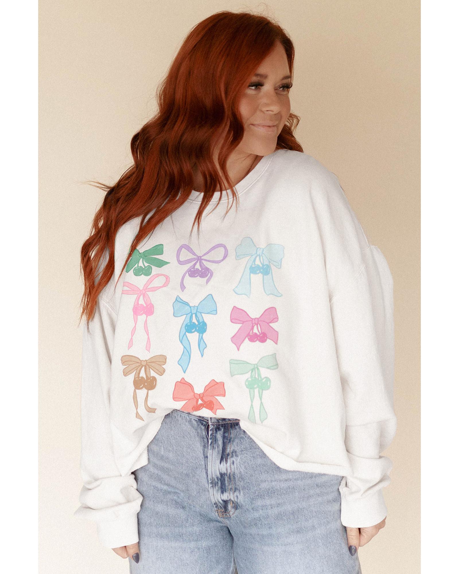 White Bowknot Pattern Drop Shoulder Loose Sweatshirt - L 5