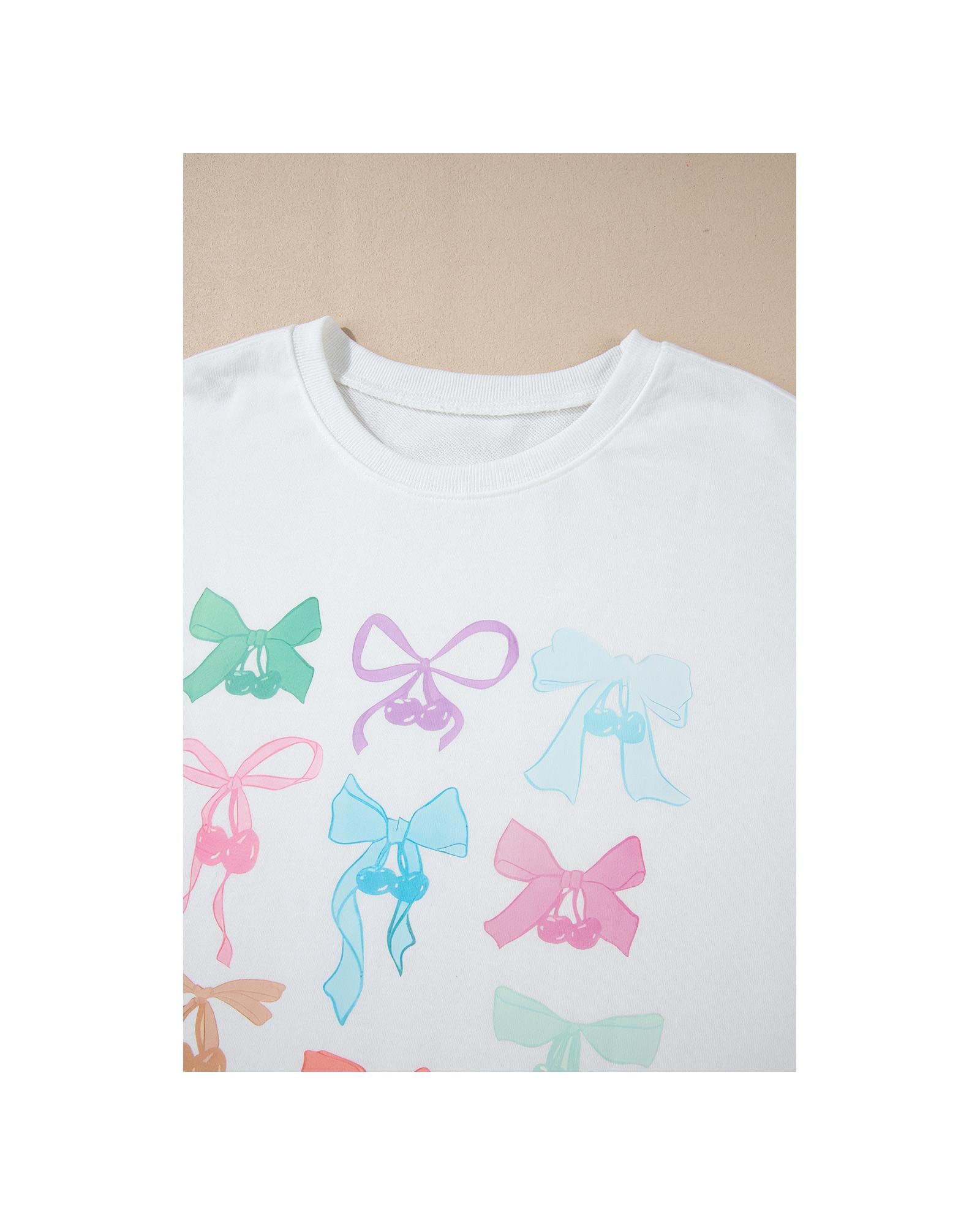 White Bowknot Pattern Drop Shoulder Loose Sweatshirt - L 8