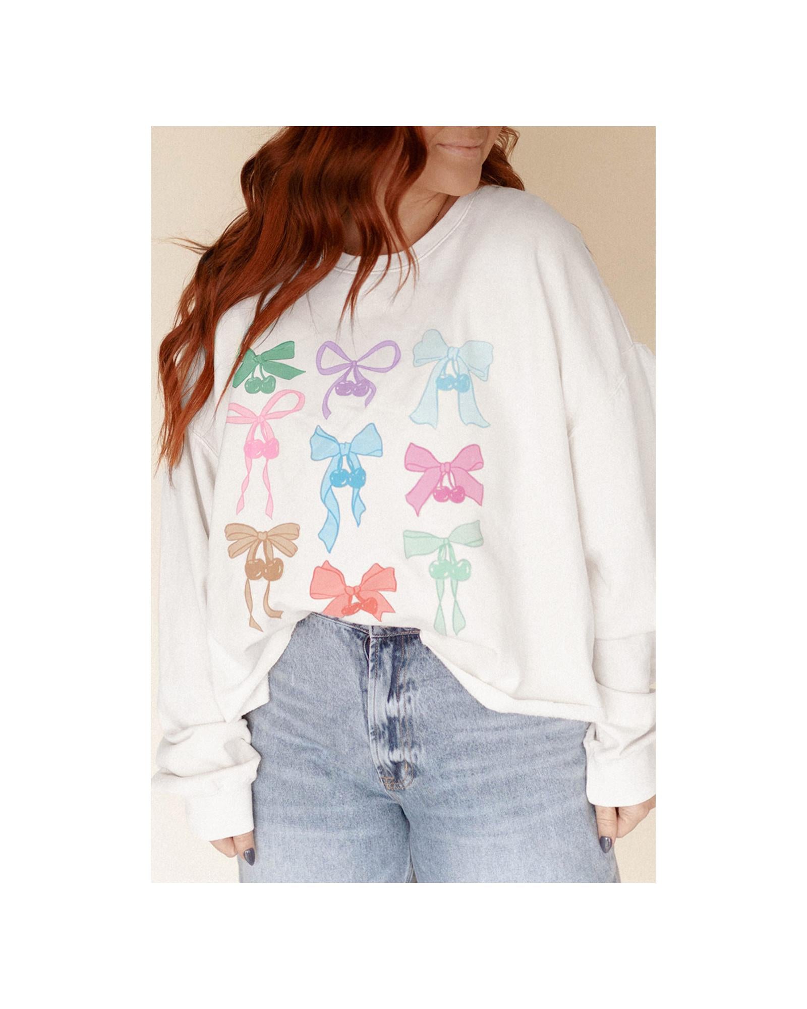 White Bowknot Pattern Drop Shoulder Loose Sweatshirt - M 4