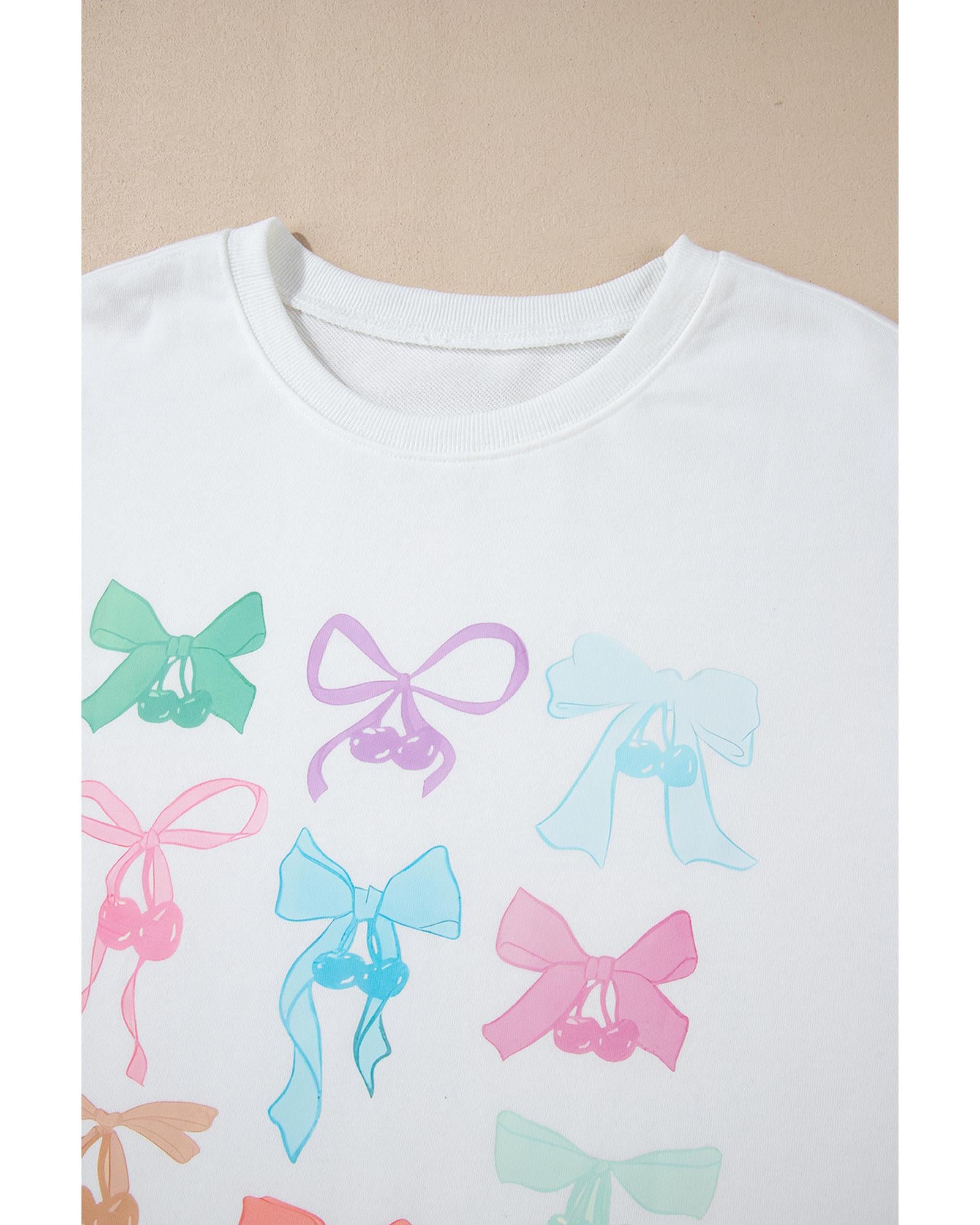 White Bowknot Pattern Drop Shoulder Loose Sweatshirt - S 8