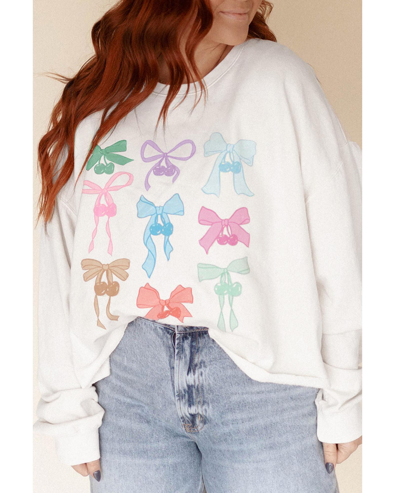 White Bowknot Pattern Drop Shoulder Loose Sweatshirt - XL 4