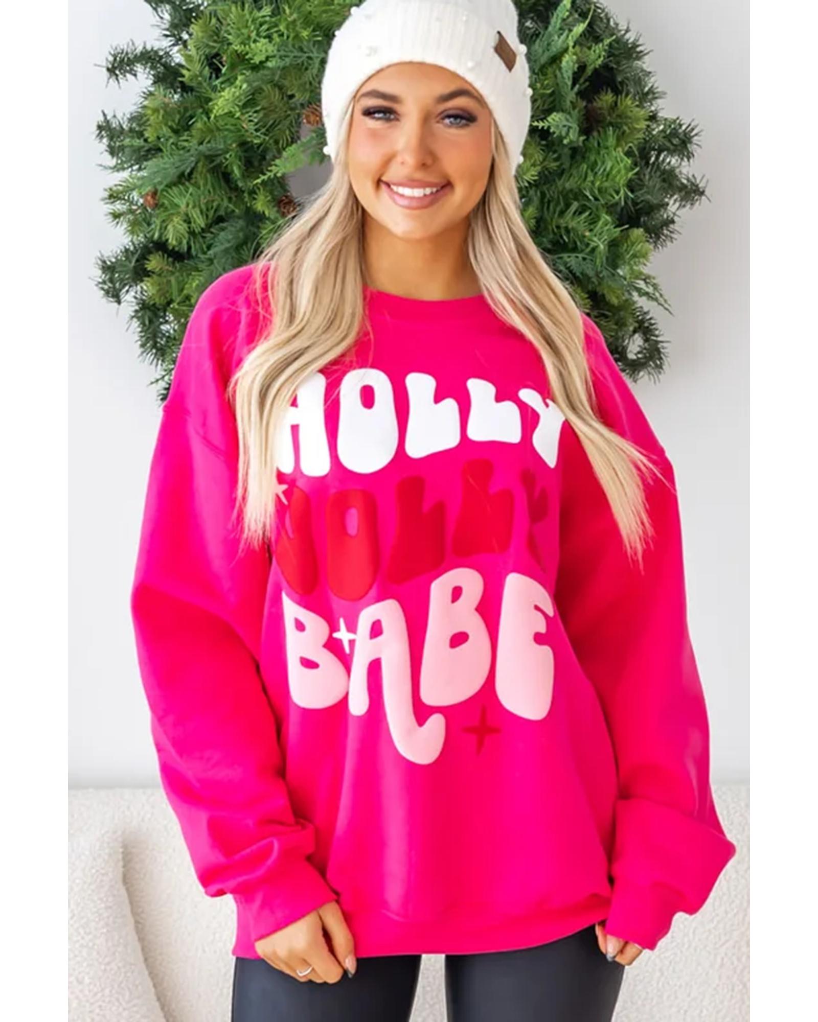 Rose Red Christmas Holly Jolly Babe Graphic Oversized Sweatshirt - L 6