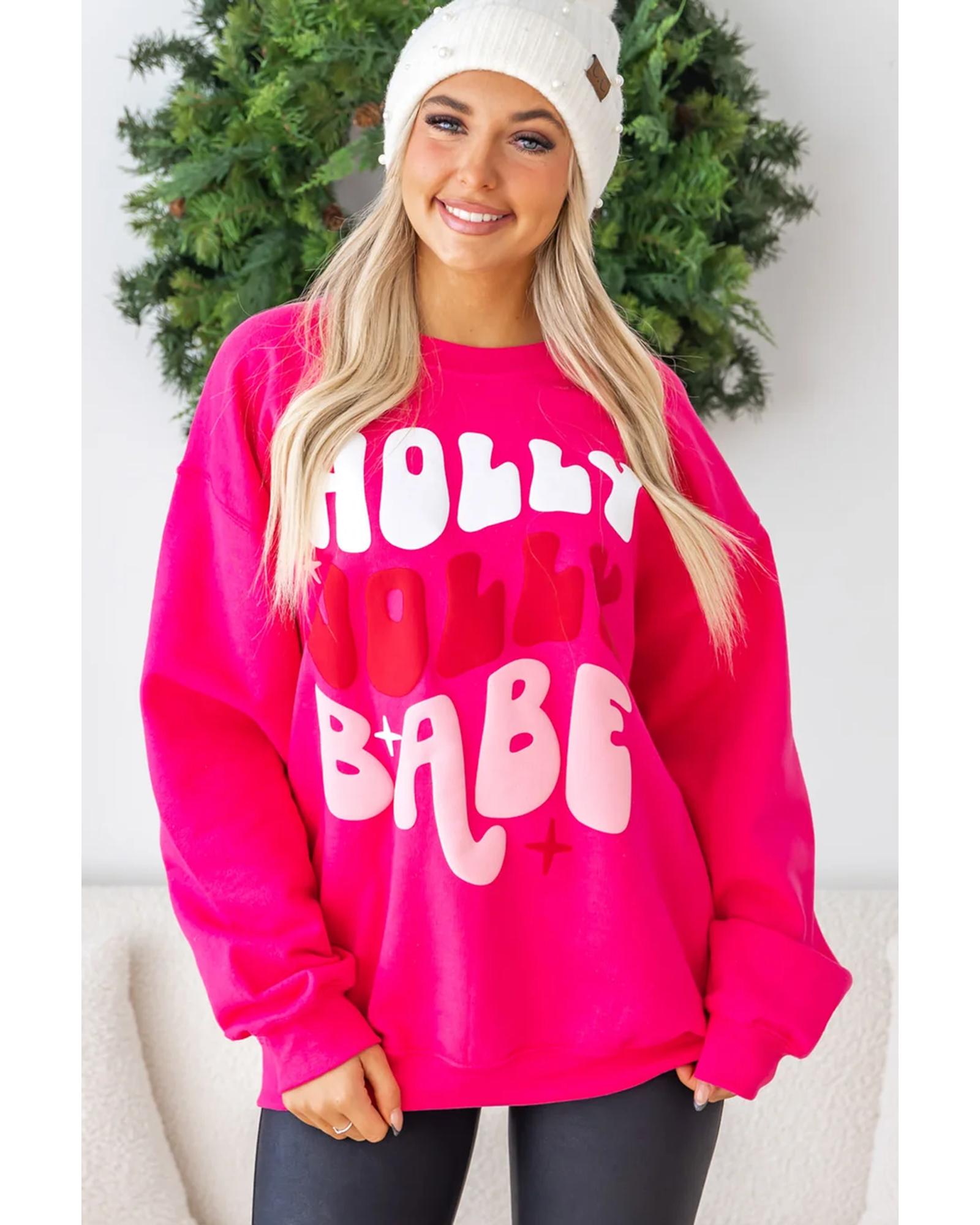 Rose Red Christmas Holly Jolly Babe Graphic Oversized Sweatshirt - S